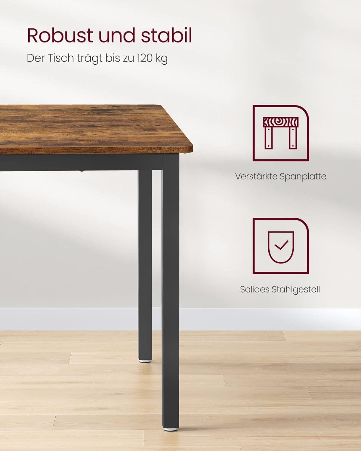 VASAGLE Esstisch, Küchentisch, 70 x 110 x 77 cm, Esszimmertisch für 4 Personen, Tisch Wohnzimmer, Schreibtisch, für Esszimmer, Küche, Industrie-Design, vintagebraun-Mattschwarz KDT081B01 — Ansicht 5