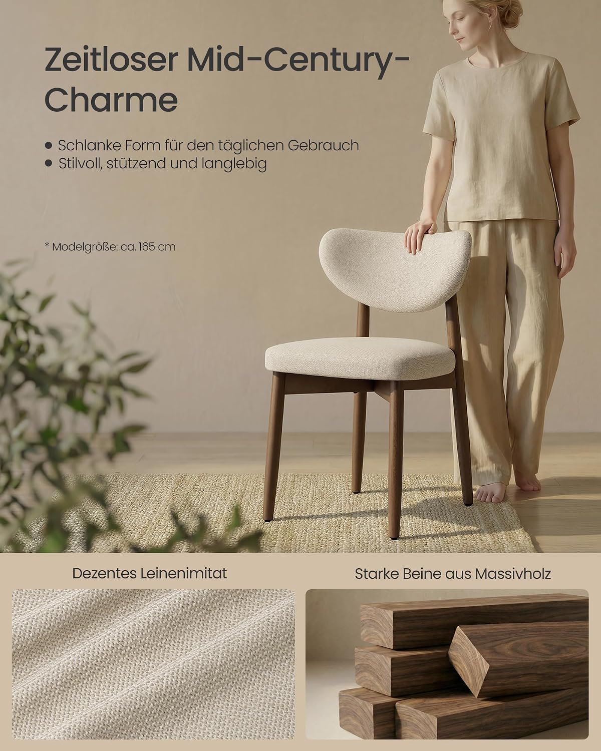 VASAGLE Esszimmerstuhl 4er Set, Küchenstuhl, Polsterstuhl mit Massivholzbeinen, ergonomische Rückenlehne, Aussparung als Griff, Mid-Century-Modern-Stil, Küche, cappuccinobeige KDC668L101-2J — Ansicht 4