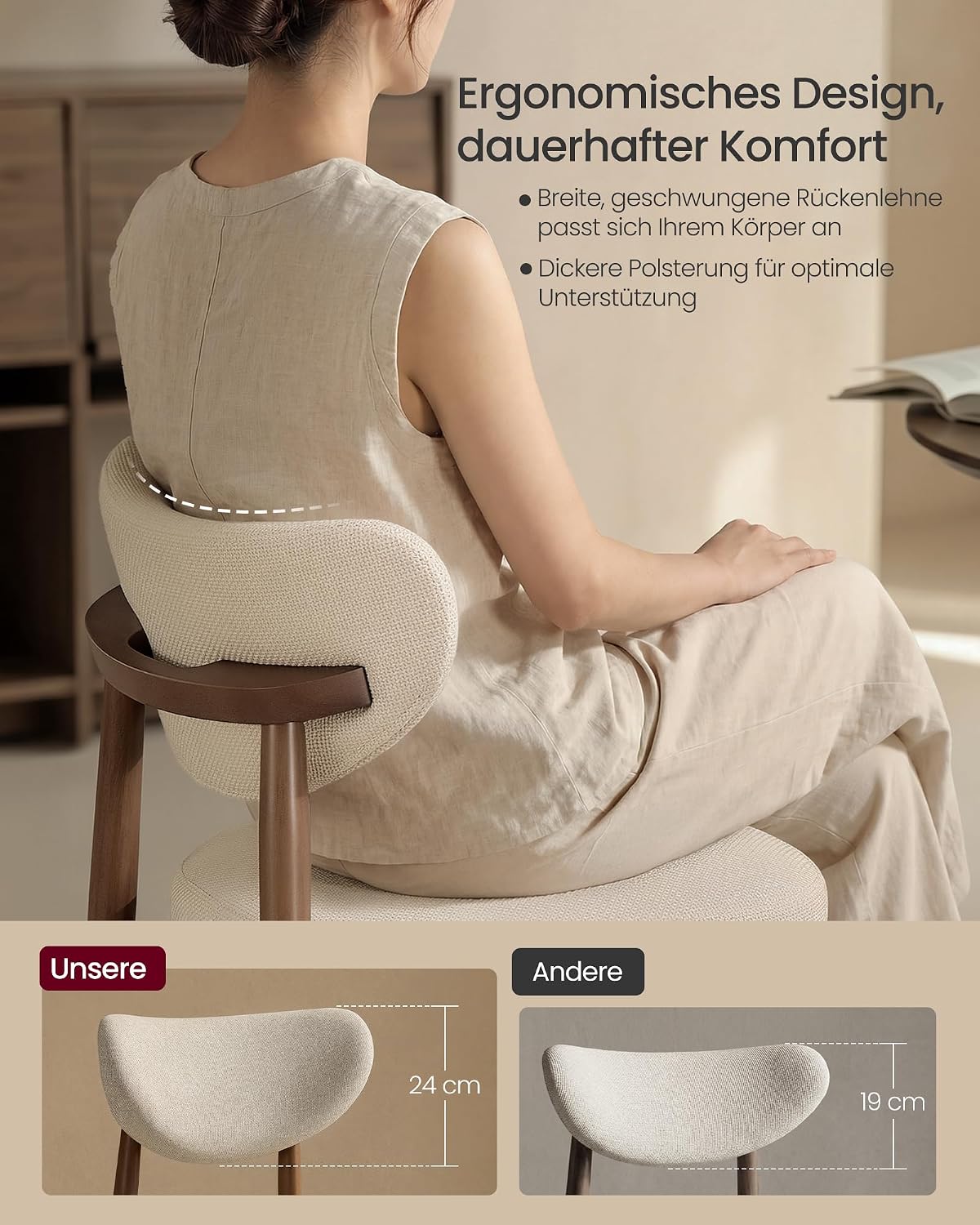 VASAGLE Esszimmerstuhl 4er Set, Küchenstuhl, Polsterstuhl mit Massivholzbeinen, ergonomische Rückenlehne, Aussparung als Griff, Mid-Century-Modern-Stil, Küche, cappuccinobeige KDC668L101-2J — Ansicht 5