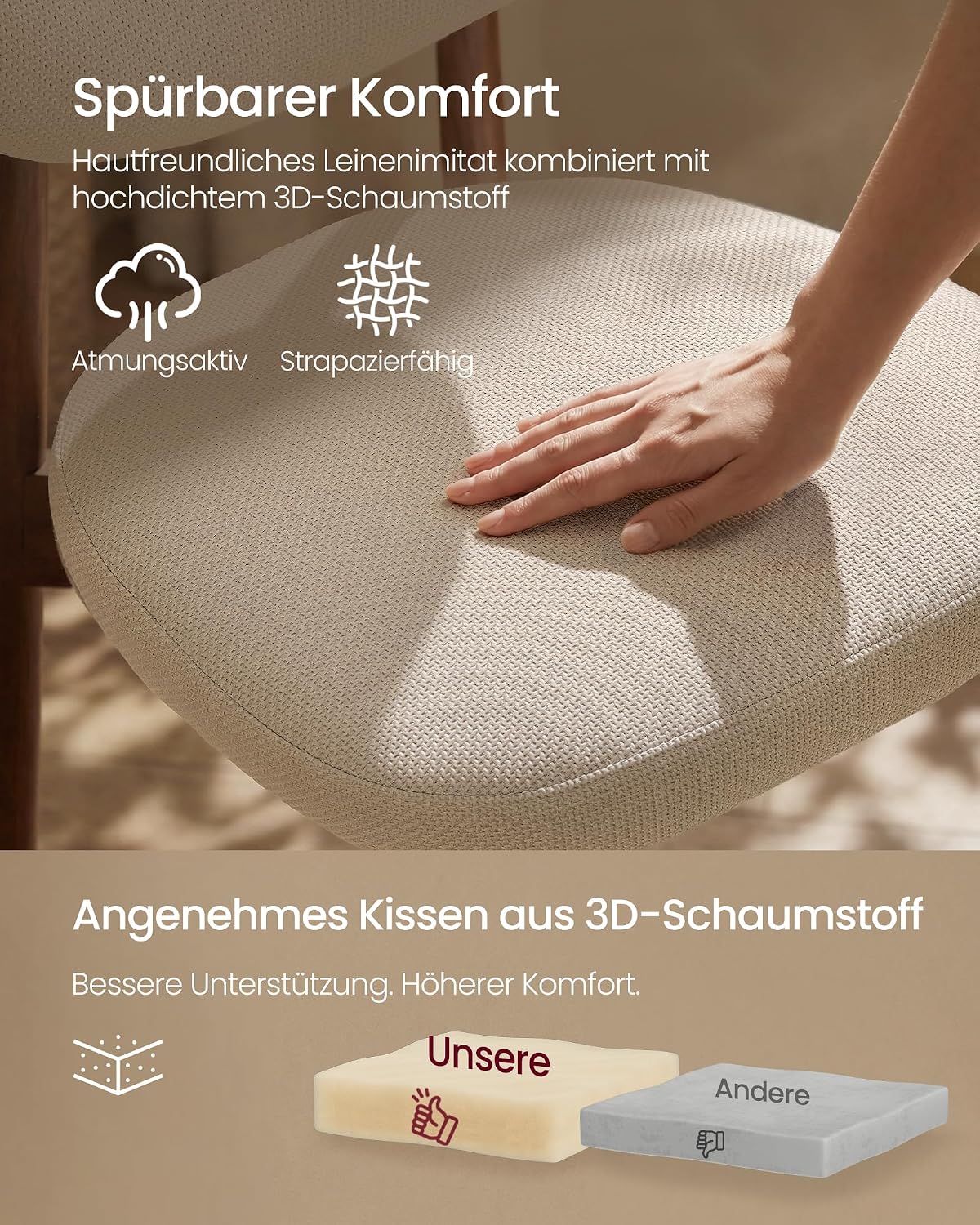 VASAGLE Esszimmerstuhl 4er Set, Küchenstuhl, Polsterstuhl mit Massivholzbeinen, ergonomische Rückenlehne, Aussparung als Griff, Mid-Century-Modern-Stil, Küche, cappuccinobeige KDC668L101-2J — Ansicht 6