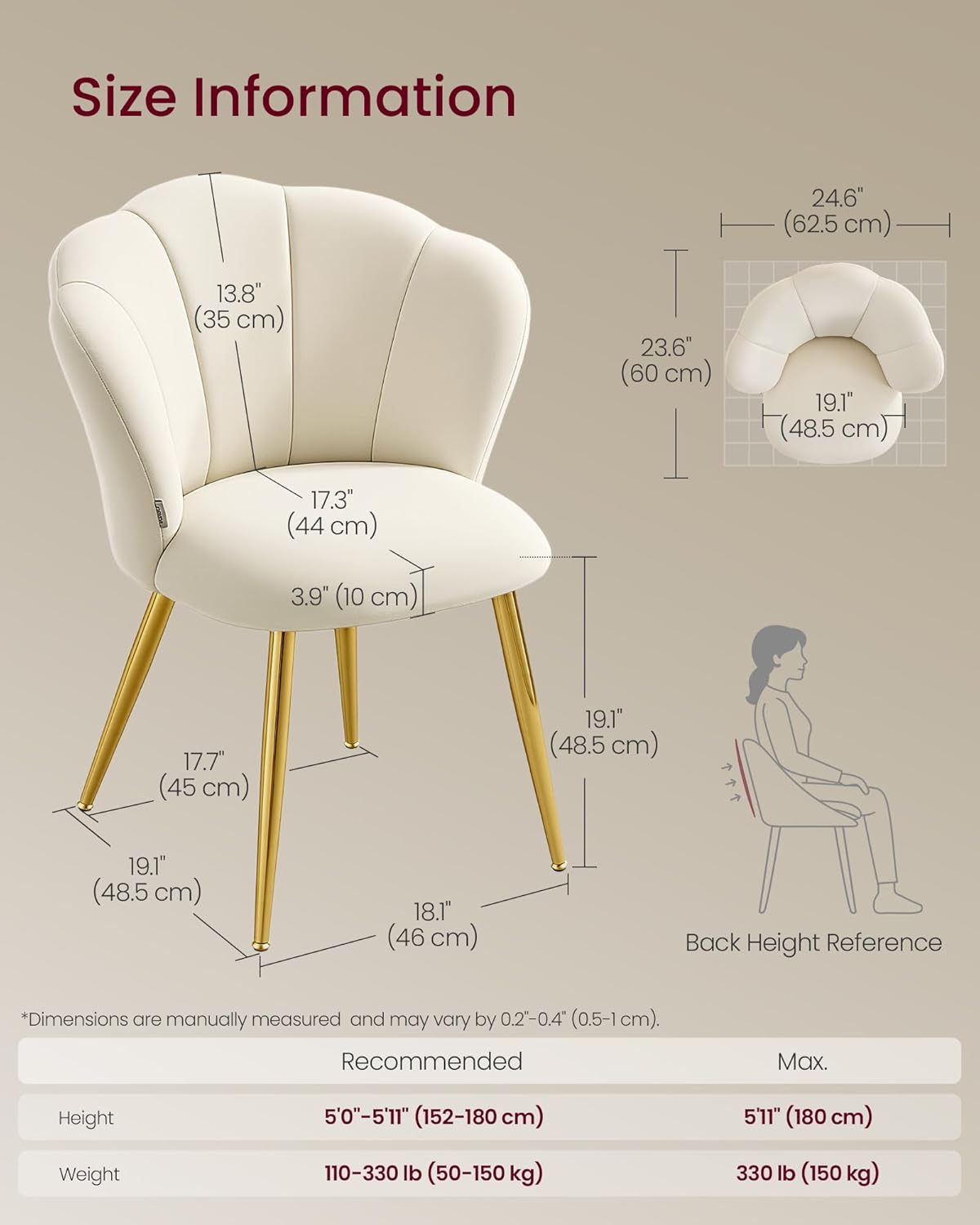 VASAGLE Esszimmerstuhl, blütenblattförmige Rückenlehne, gepolsterter Schminktischstuhl, Samt, bis 150 kg belastbar, Stahlbeine, für Küche, Wohnzimmer, Schlafzimmer, cremeweiß KDC099W101 — Ansicht 2