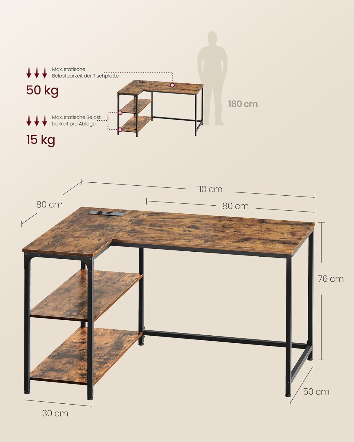 VASAGLE Gaming Schreibtisch in L-Form, Schreibtisch mit Stauraum, höhenverstellbare Regale, für Zuhause, mit Steckdosen und 2 USB-Anschlüssen, 110 x 80 cm, rustikales Braun LWD131KD01 — Ansicht 2