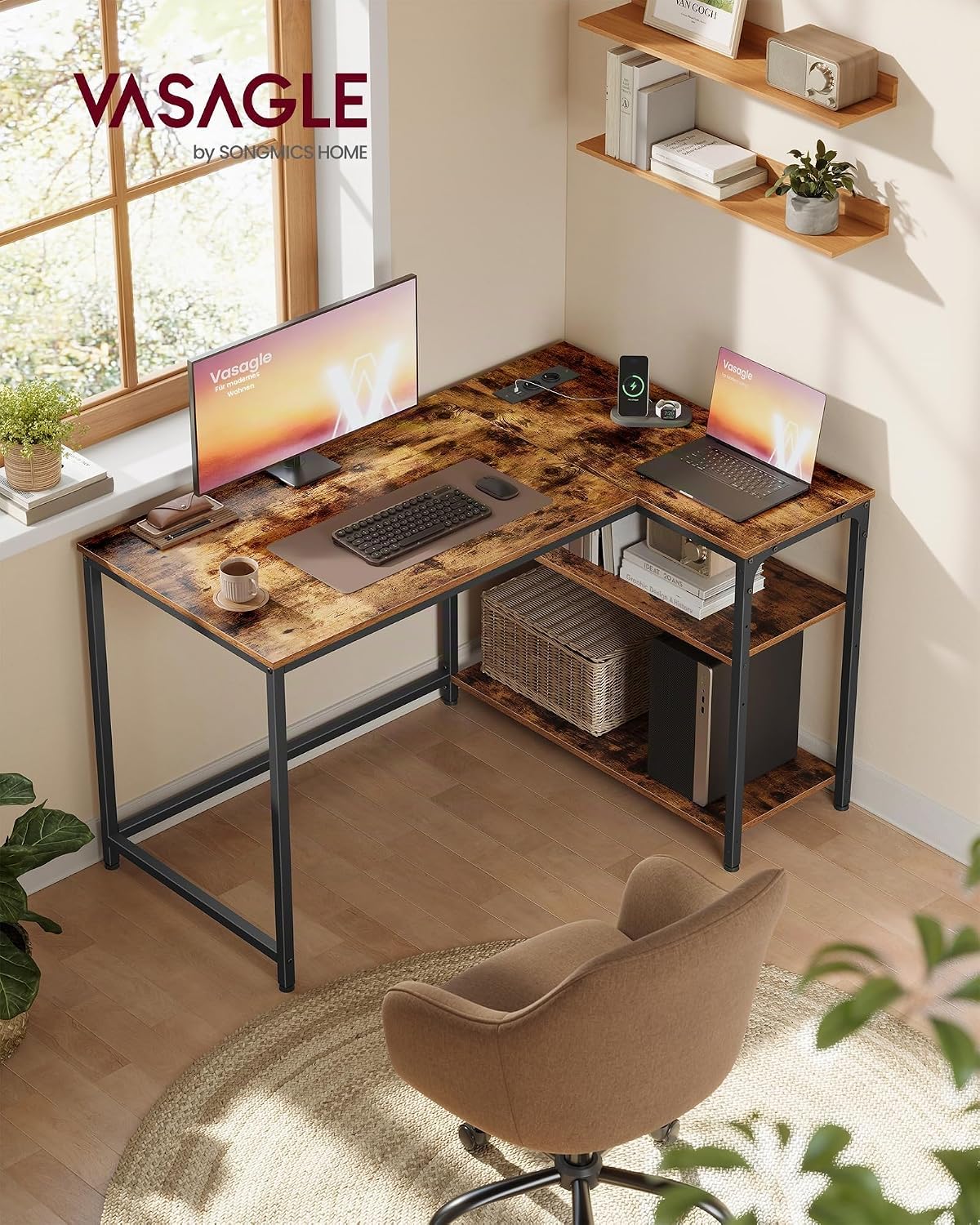 VASAGLE Gaming Schreibtisch in L-Form, Schreibtisch mit Stauraum, höhenverstellbare Regale, für Zuhause, mit Steckdosen und 2 USB-Anschlüssen, 110 x 80 cm, rustikales Braun LWD131KD01 — Ansicht 3