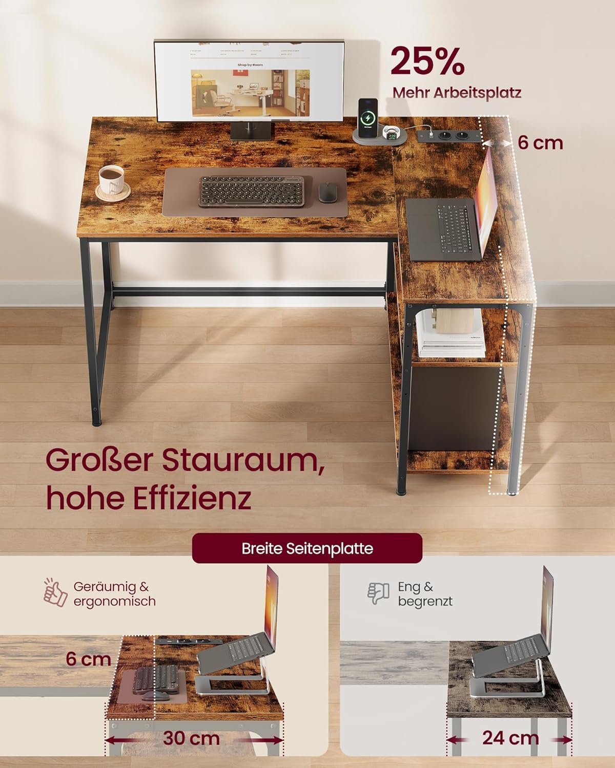 VASAGLE Gaming Schreibtisch in L-Form, Schreibtisch mit Stauraum, höhenverstellbare Regale, für Zuhause, mit Steckdosen und 2 USB-Anschlüssen, 110 x 80 cm, rustikales Braun LWD131KD01 — Ansicht 4