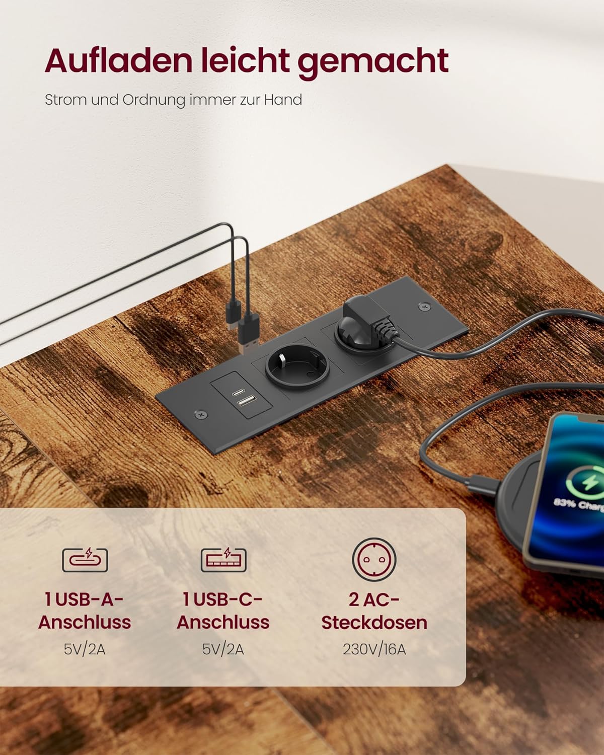 VASAGLE Gaming Schreibtisch in L-Form, Schreibtisch mit Stauraum, höhenverstellbare Regale, für Zuhause, mit Steckdosen und 2 USB-Anschlüssen, 110 x 80 cm, rustikales Braun LWD131KD01 — Ansicht 5