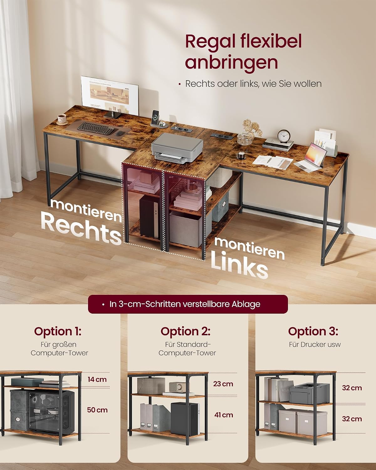 VASAGLE Gaming Schreibtisch in L-Form, Schreibtisch mit Stauraum, höhenverstellbare Regale, für Zuhause, mit Steckdosen und 2 USB-Anschlüssen, 110 x 80 cm, rustikales Braun LWD131KD01 — Ansicht 6