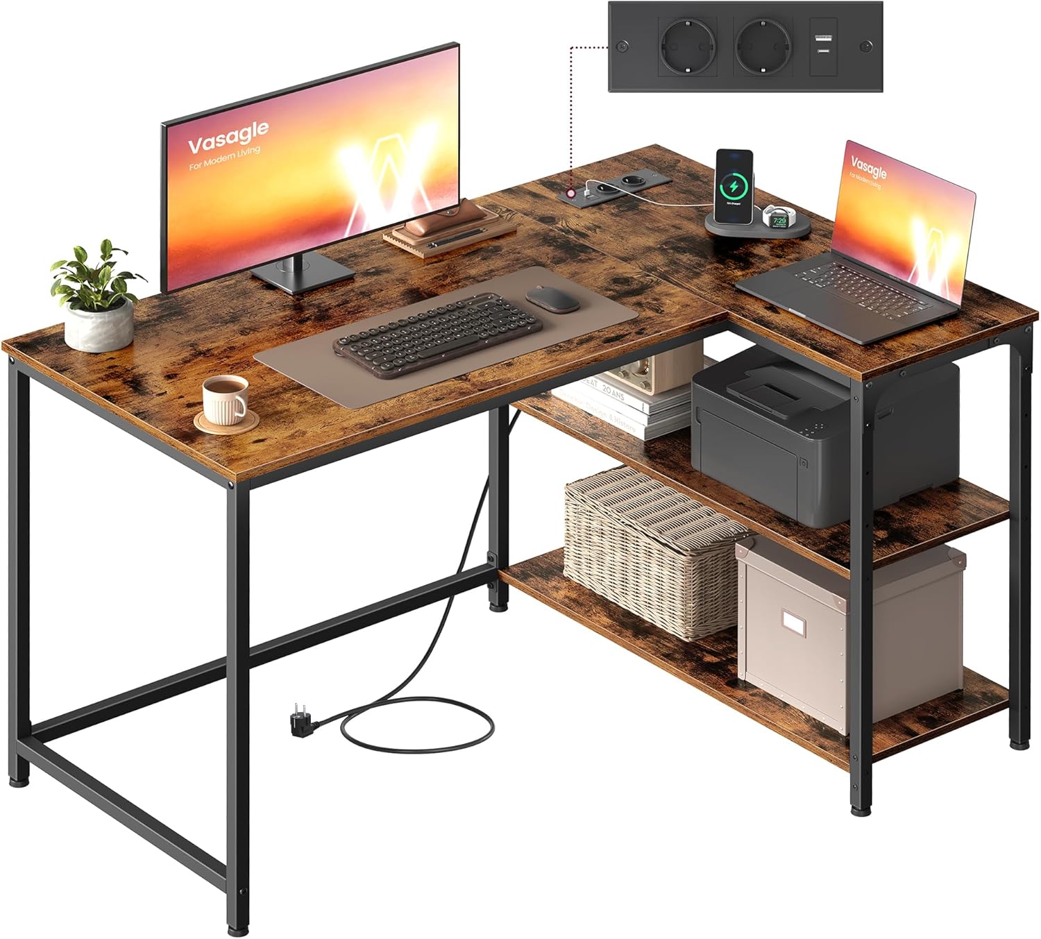VASAGLE Gaming Schreibtisch in L-Form, Schreibtisch mit Stauraum, höhenverstellbare Regale, für Zuhause, mit Steckdosen und 2 USB-Anschlüssen, 110 x 80 cm, rustikales Braun LWD131KD01