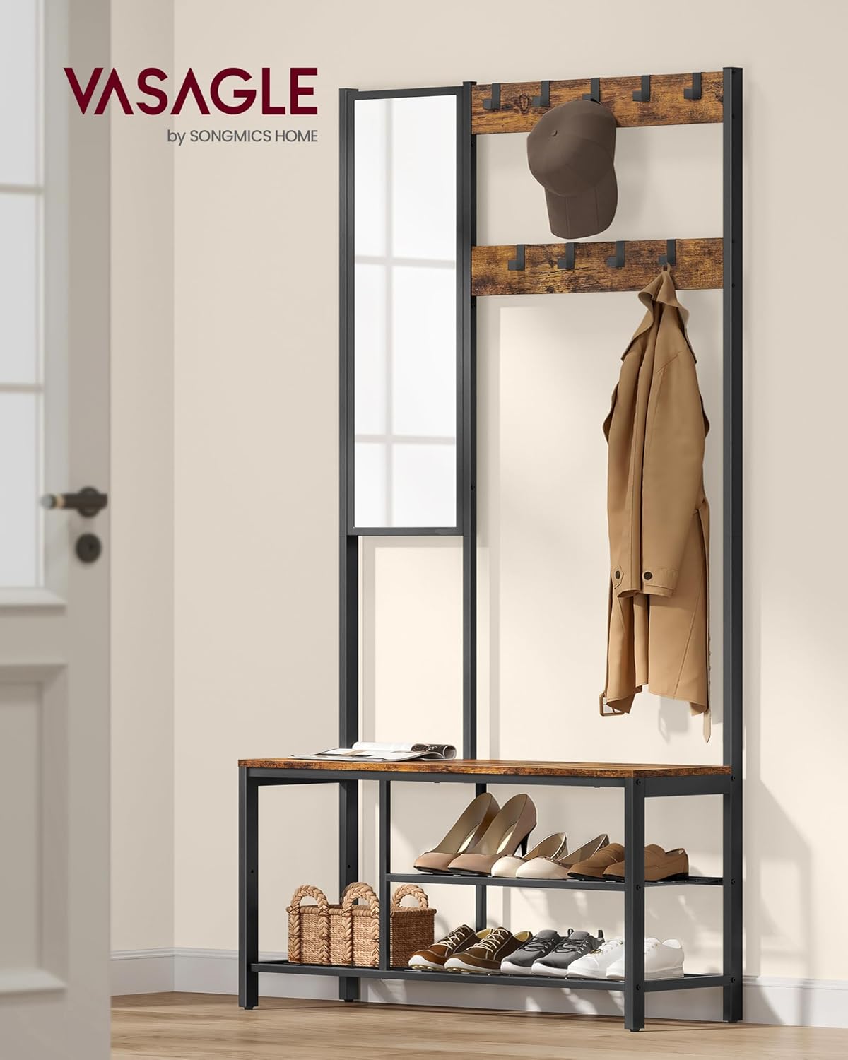 VASAGLE Garderobenständer, Garderobe mit Haken, Kleiderständer mit Spiegel, Schuhbank und Ablagen, 36 x 98 x 185 cm, für Flur, Schlafzimmer, Wohnzimmer, vintagebraun-schwarz HSRAM050B01 — Ansicht 2