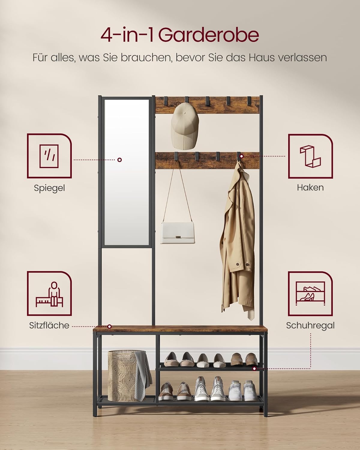 VASAGLE Garderobenständer, Garderobe mit Haken, Kleiderständer mit Spiegel, Schuhbank und Ablagen, 36 x 98 x 185 cm, für Flur, Schlafzimmer, Wohnzimmer, vintagebraun-schwarz HSRAM050B01 — Ansicht 3