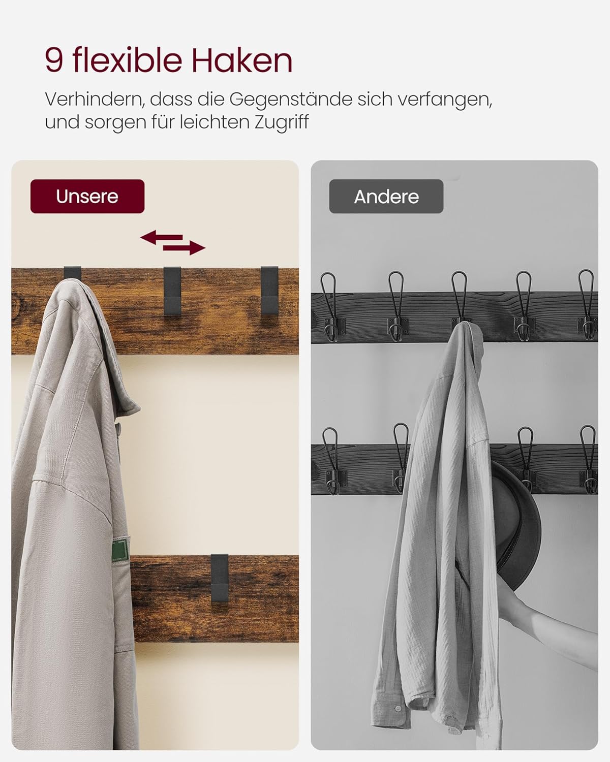 VASAGLE Garderobenständer, Garderobe mit Haken, Kleiderständer mit Spiegel, Schuhbank und Ablagen, 36 x 98 x 185 cm, für Flur, Schlafzimmer, Wohnzimmer, vintagebraun-schwarz HSRAM050B01 — Ansicht 4