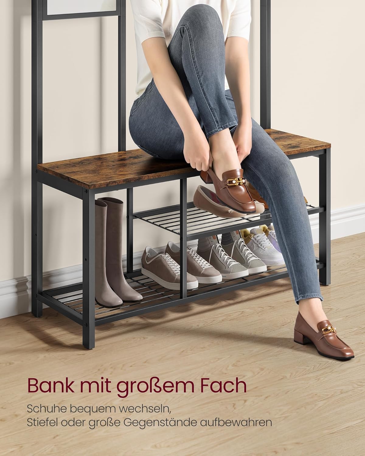VASAGLE Garderobenständer, Garderobe mit Haken, Kleiderständer mit Spiegel, Schuhbank und Ablagen, 36 x 98 x 185 cm, für Flur, Schlafzimmer, Wohnzimmer, vintagebraun-schwarz HSRAM050B01 — Ansicht 5
