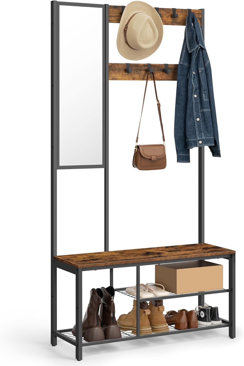 VASAGLE Garderobenständer, Garderobe mit Haken, Kleiderständer mit Spiegel, Schuhbank und Ablagen, 36 x 98 x 185 cm, für Flur, Schlafzimmer, Wohnzimmer, vintagebraun-schwarz HSRAM050B01