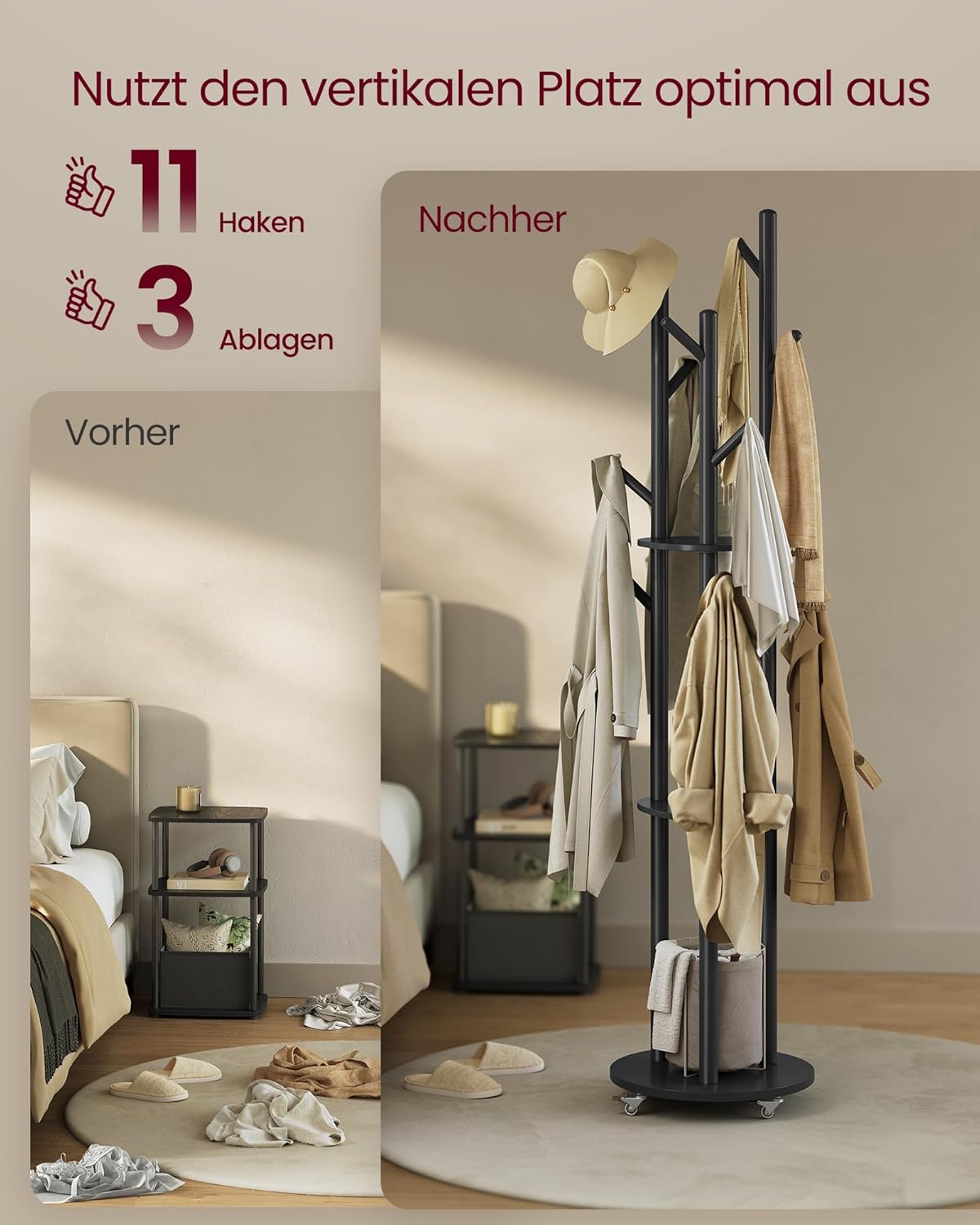VASAGLE Garderobenständer, Kleiderständer mit 11 Haken und 3 Ablagen, 4 drehbare und abnehmbare Rollen, Haken und Haltestangen aus Massivholz, Eingang Schlafzimmer Wohnzimmer, tintenschwarz RCR023B01 — Ansicht 4