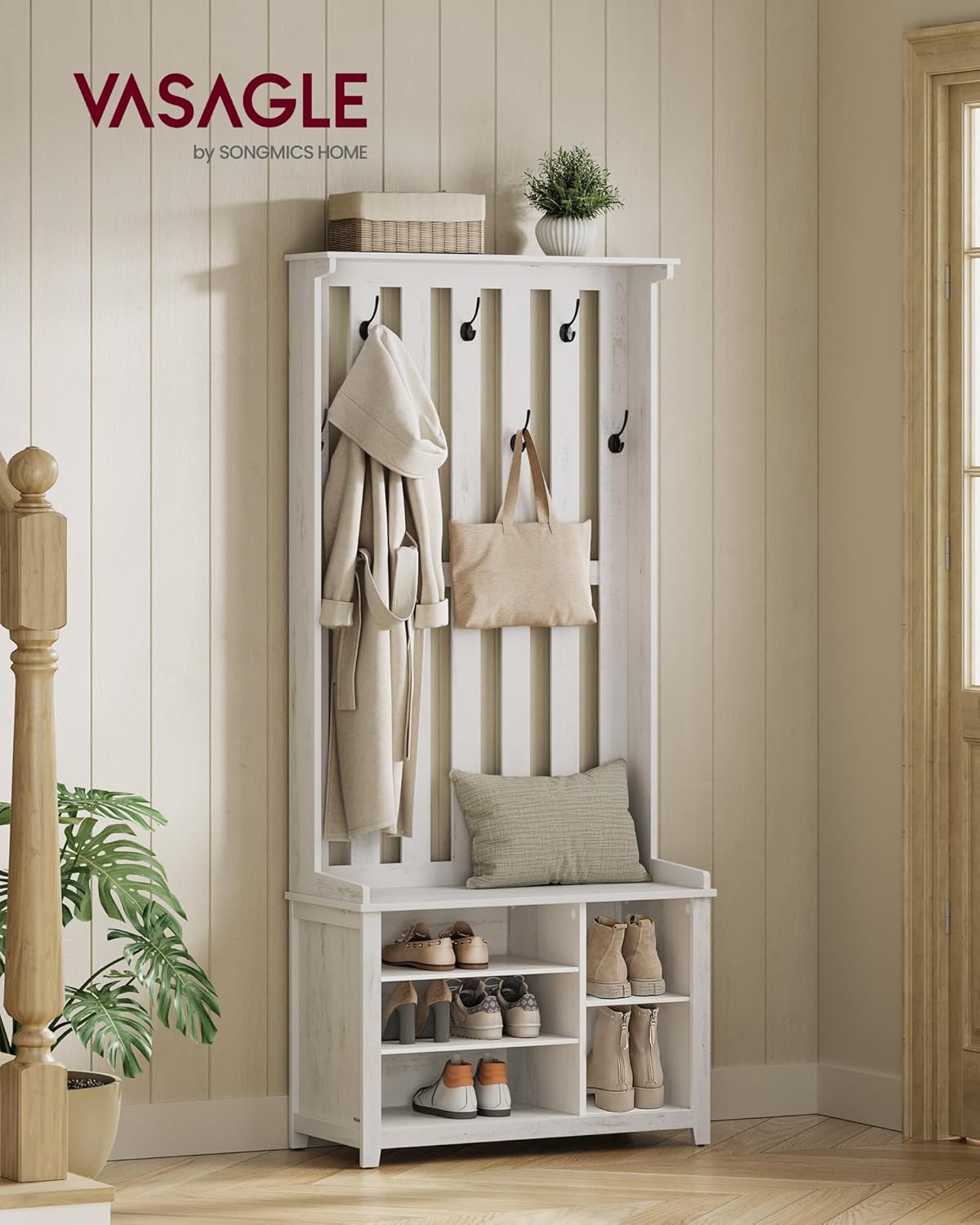 VASAGLE Garderobenständer, Kleiderständer, Schuhbank, Garderobe, Jackenständer mit Ablage, 7 Doppelhaken für Jacken, Hüte, Flur, Schlafzimmer, Wohnzimmer, 35 x 81 x 180 cm, vintageweiß HSR414W01 — Ansicht 2