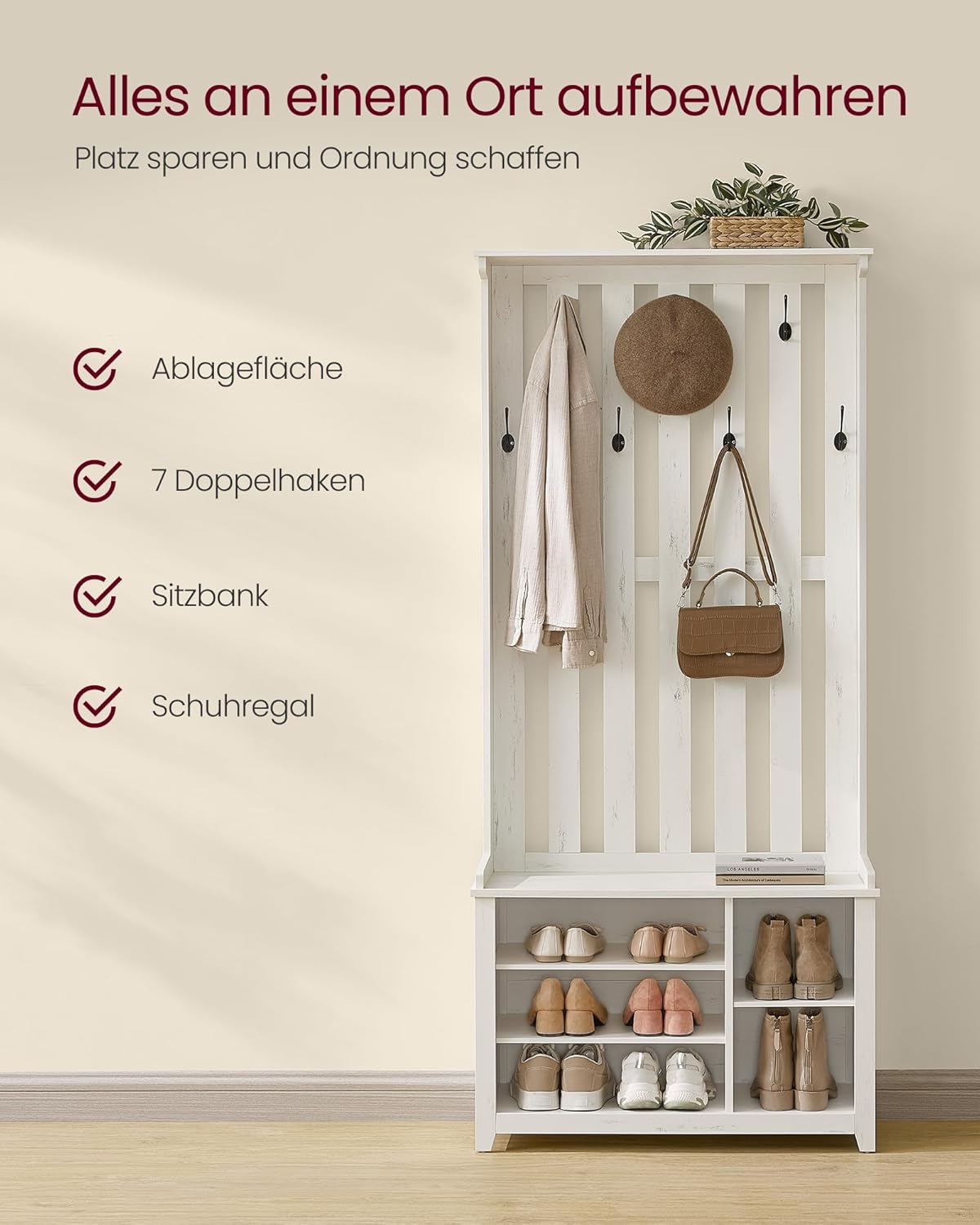 VASAGLE Garderobenständer, Kleiderständer, Schuhbank, Garderobe, Jackenständer mit Ablage, 7 Doppelhaken für Jacken, Hüte, Flur, Schlafzimmer, Wohnzimmer, 35 x 81 x 180 cm, vintageweiß HSR414W01 — Ansicht 3