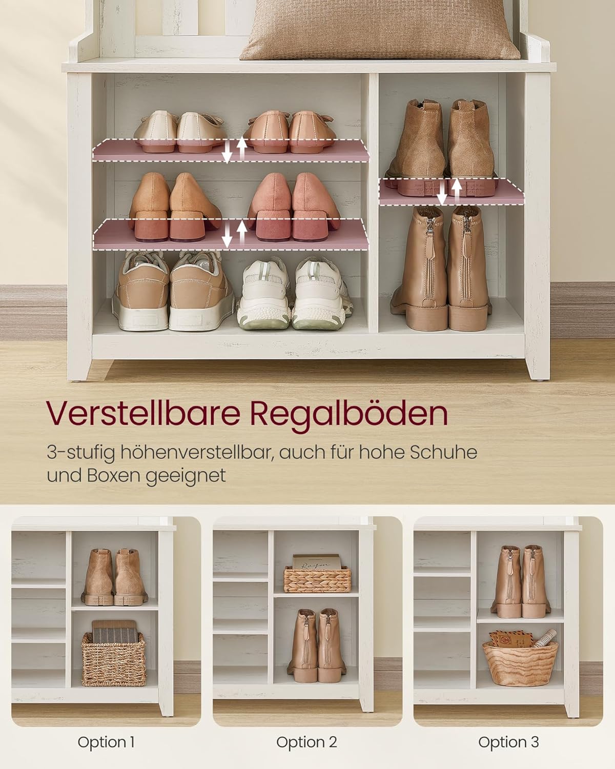 VASAGLE Garderobenständer, Kleiderständer, Schuhbank, Garderobe, Jackenständer mit Ablage, 7 Doppelhaken für Jacken, Hüte, Flur, Schlafzimmer, Wohnzimmer, 35 x 81 x 180 cm, vintageweiß HSR414W01 — Ansicht 4