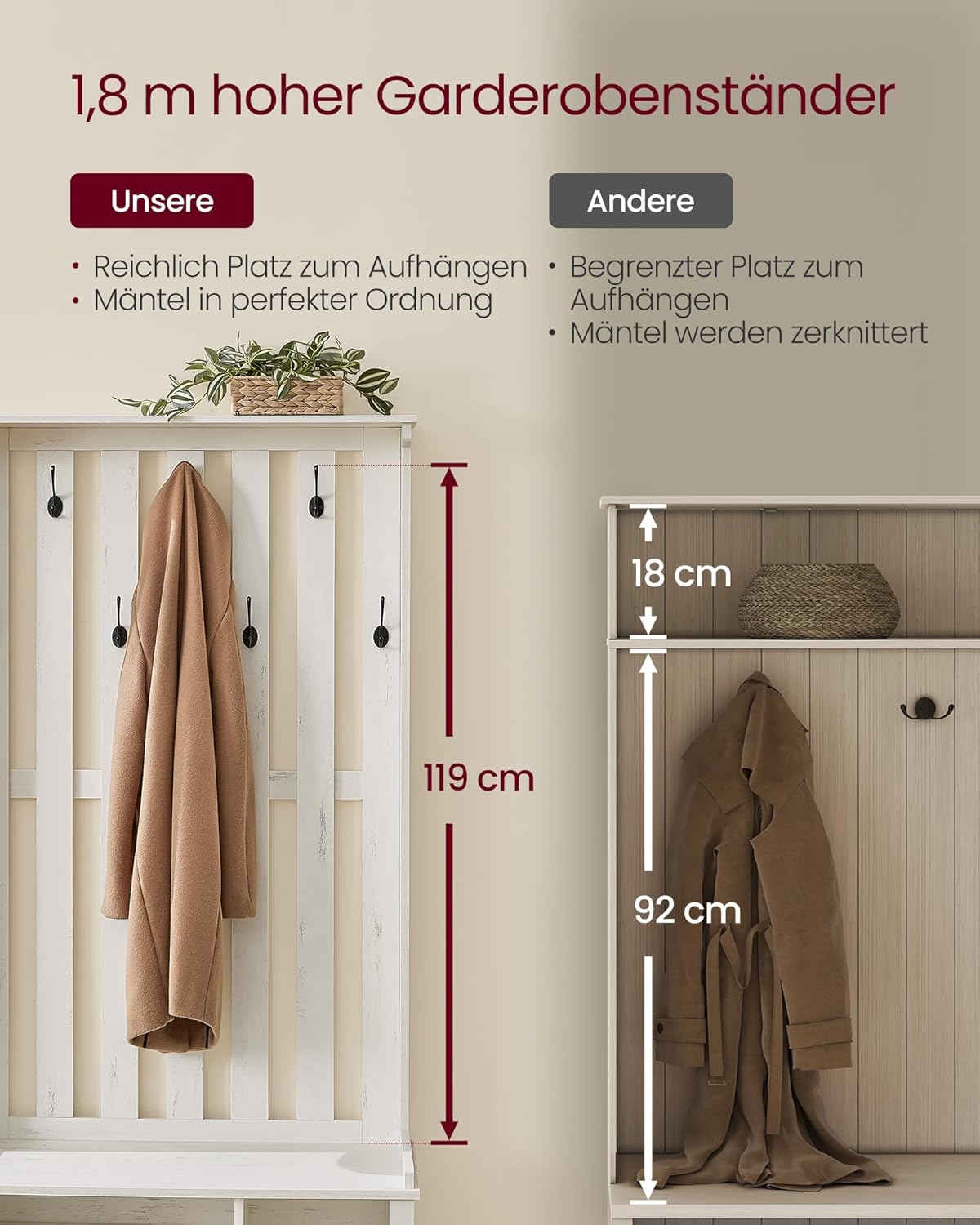 VASAGLE Garderobenständer, Kleiderständer, Schuhbank, Garderobe, Jackenständer mit Ablage, 7 Doppelhaken für Jacken, Hüte, Flur, Schlafzimmer, Wohnzimmer, 35 x 81 x 180 cm, vintageweiß HSR414W01 — Ansicht 5