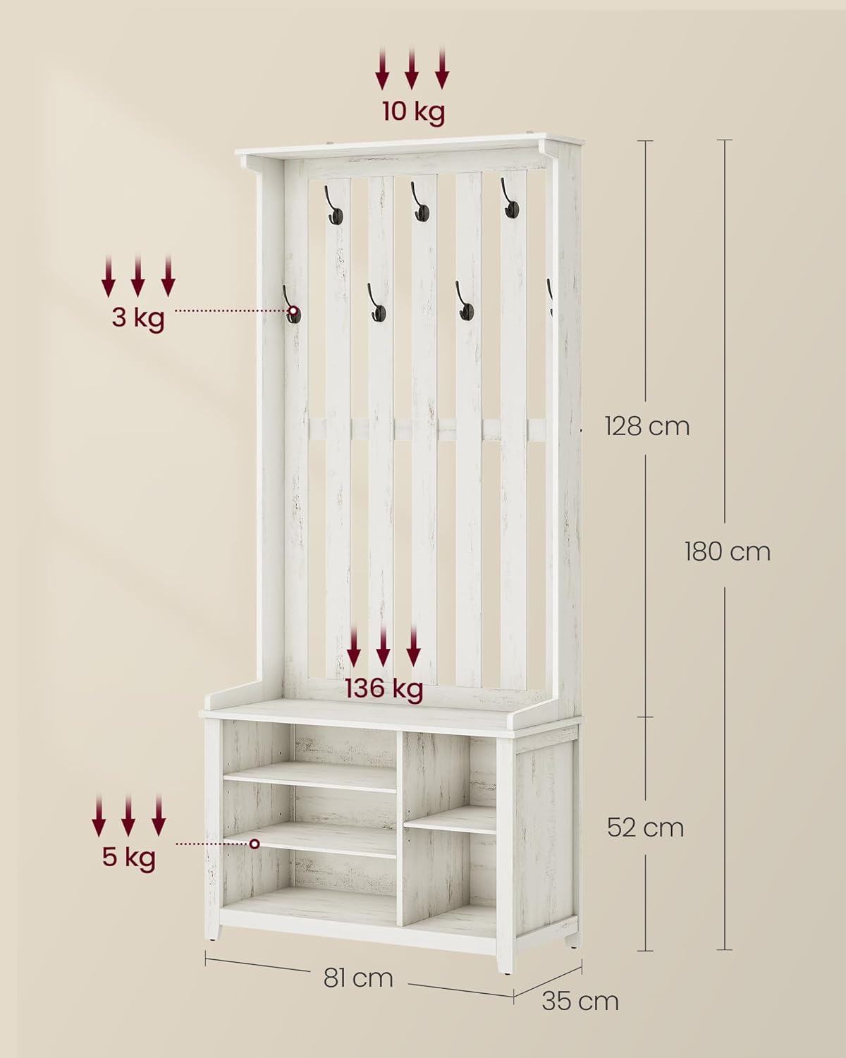 VASAGLE Garderobenständer, Kleiderständer, Schuhbank, Garderobe, Jackenständer mit Ablage, 7 Doppelhaken für Jacken, Hüte, Flur, Schlafzimmer, Wohnzimmer, 35 x 81 x 180 cm, vintageweiß HSR414W01 — Ansicht 6