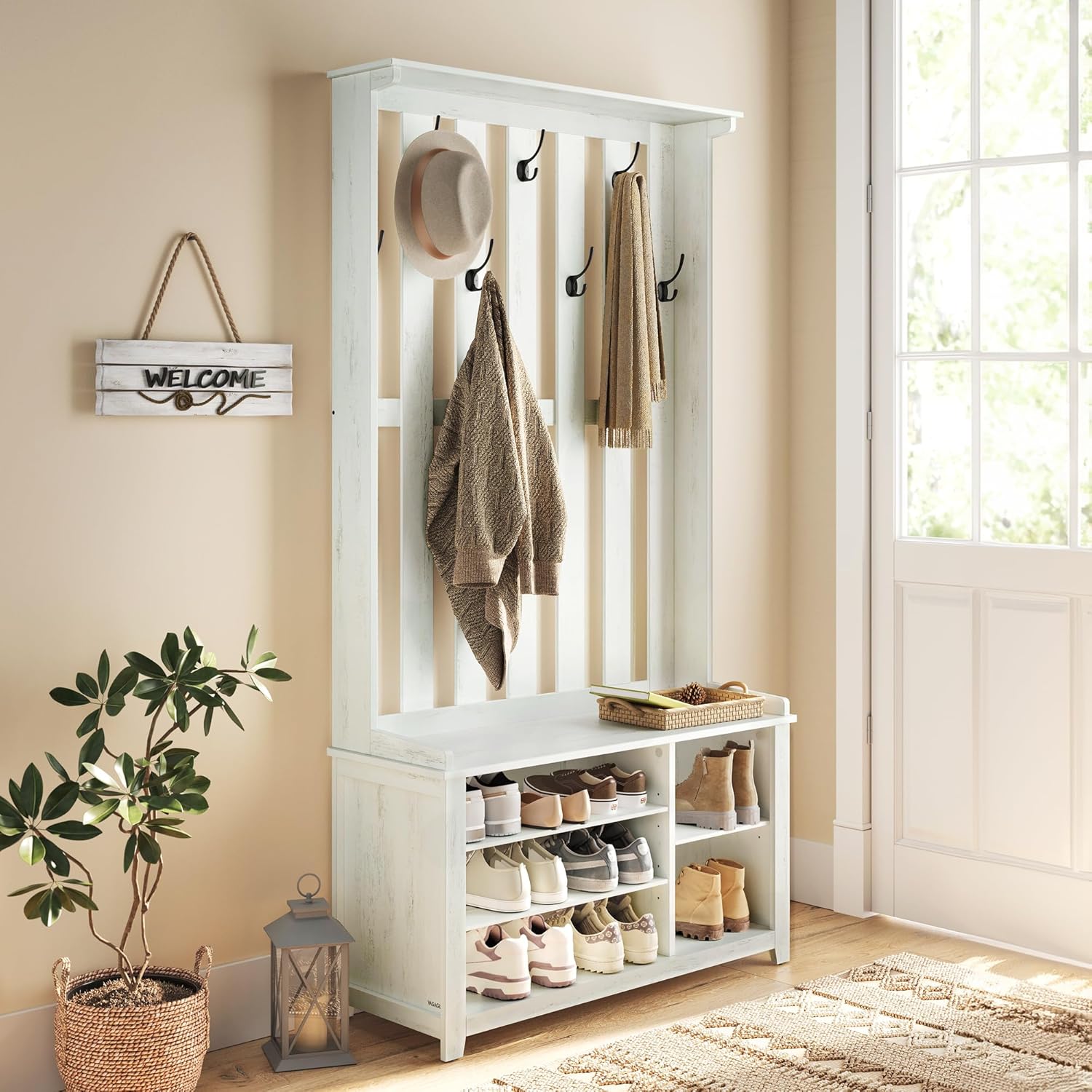 VASAGLE Garderobenständer, Kleiderständer, Schuhbank, Garderobe, Jackenständer mit Ablage, 7 Doppelhaken für Jacken, Hüte, Flur, Schlafzimmer, Wohnzimmer, 35 x 81 x 180 cm, vintageweiß HSR414W01