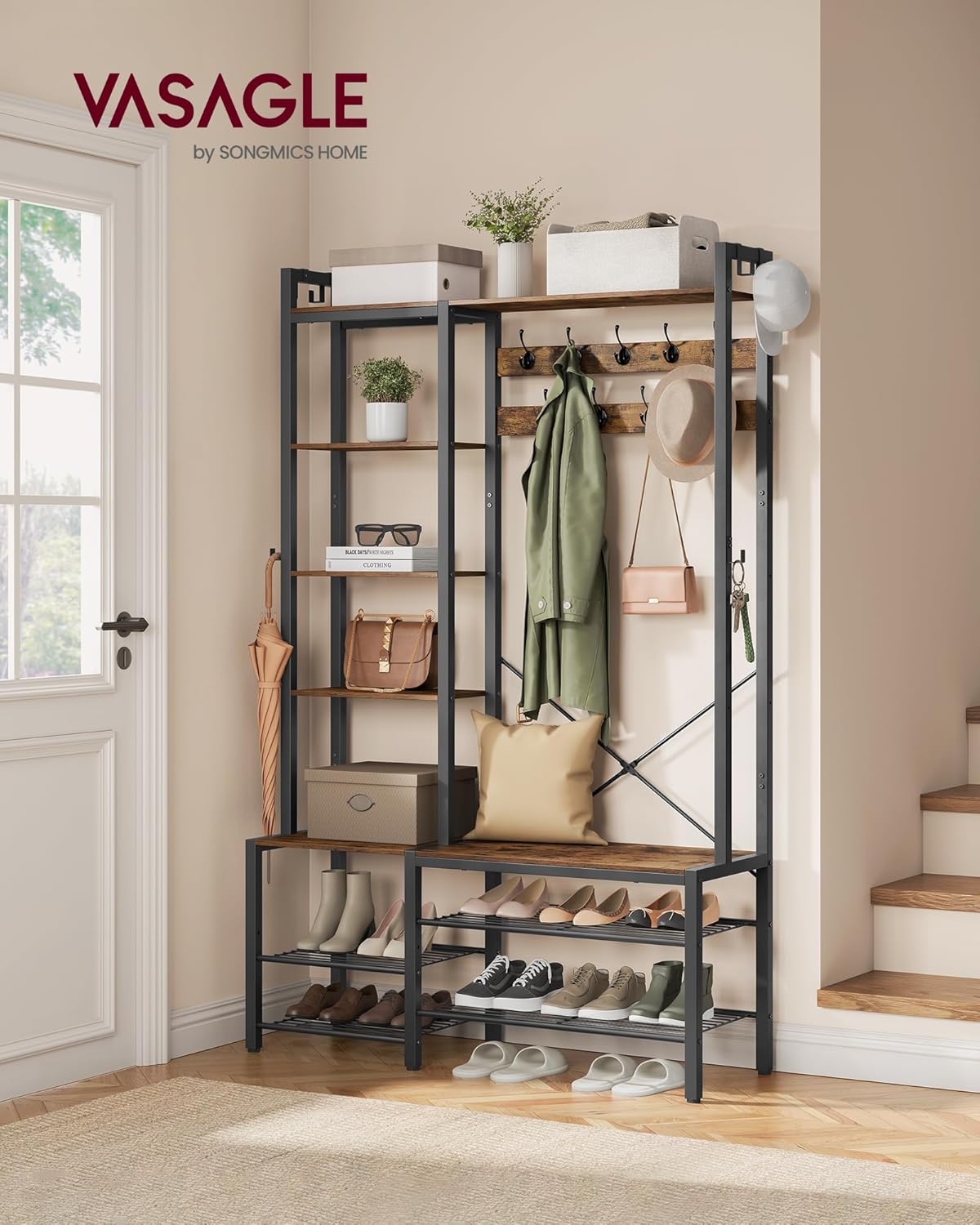 VASAGLE Garderobenständer mit Schuhbank, Garderobe, 5 Regalebenen aus Spanplatten, 9 Dreifach-Haken, 6 seitliche Haken, 40 x 120 x 190 cm, vintagebraun-tintenschwarz HSR426B01 — Ansicht 2