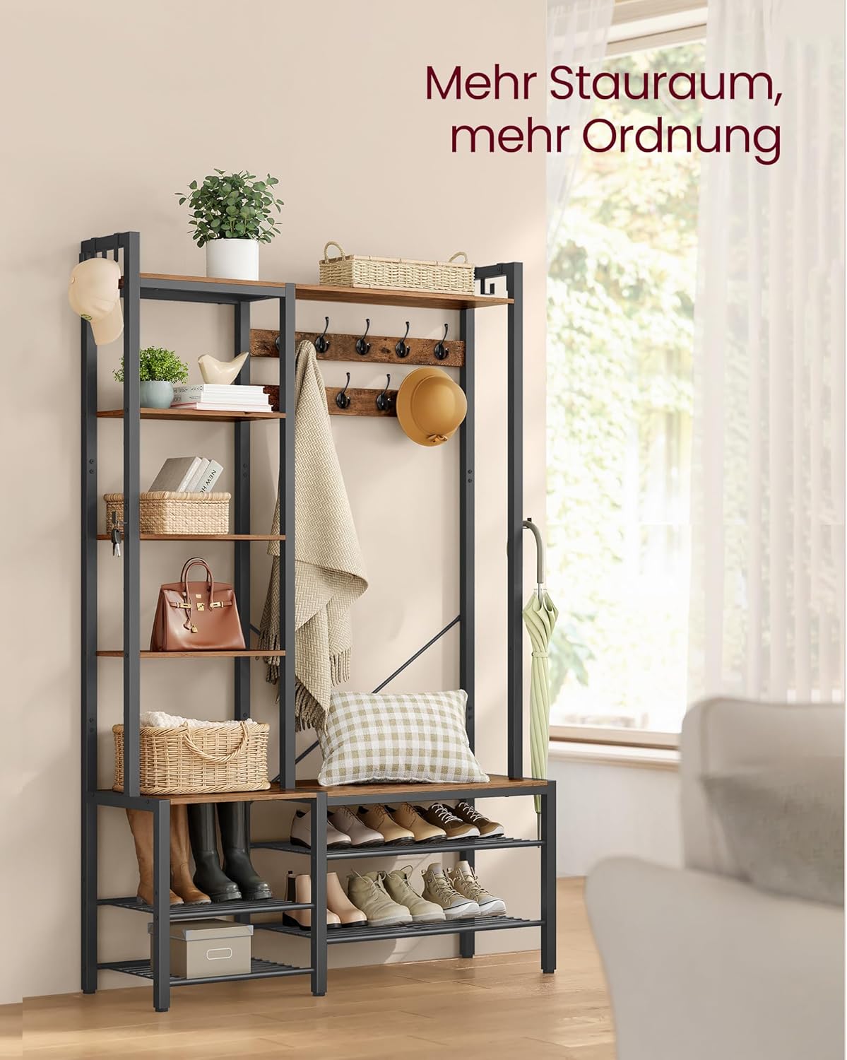 VASAGLE Garderobenständer mit Schuhbank, Garderobe, 5 Regalebenen aus Spanplatten, 9 Dreifach-Haken, 6 seitliche Haken, 40 x 120 x 190 cm, vintagebraun-tintenschwarz HSR426B01 — Ansicht 3