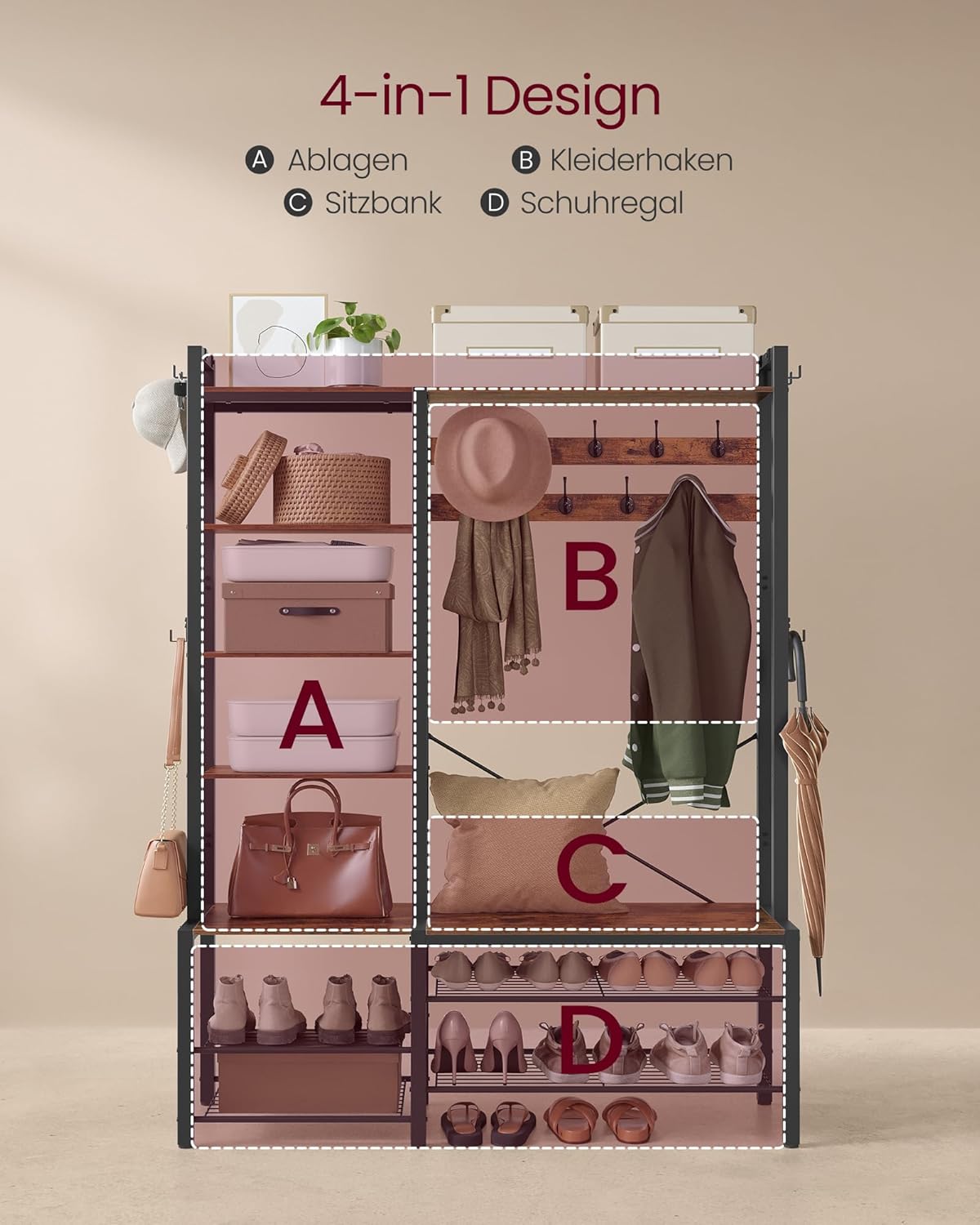 VASAGLE Garderobenständer mit Schuhbank, Garderobe, 5 Regalebenen aus Spanplatten, 9 Dreifach-Haken, 6 seitliche Haken, 40 x 120 x 190 cm, vintagebraun-tintenschwarz HSR426B01 — Ansicht 4