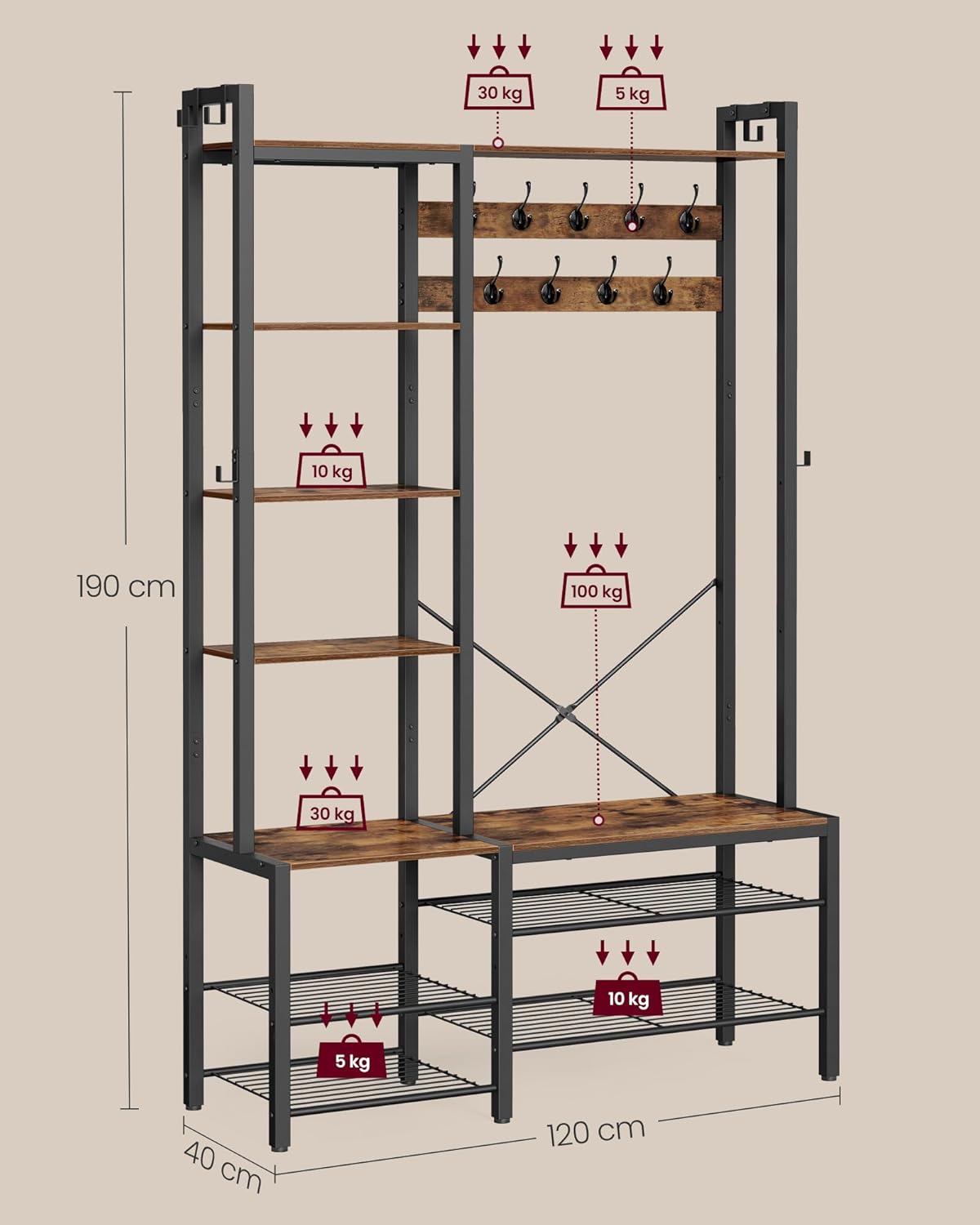 VASAGLE Garderobenständer mit Schuhbank, Garderobe, 5 Regalebenen aus Spanplatten, 9 Dreifach-Haken, 6 seitliche Haken, 40 x 120 x 190 cm, vintagebraun-tintenschwarz HSR426B01 — Ansicht 5