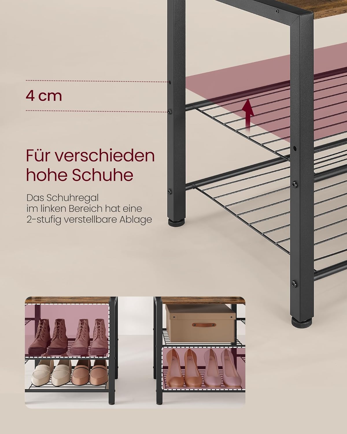 VASAGLE Garderobenständer mit Schuhbank, Garderobe, 5 Regalebenen aus Spanplatten, 9 Dreifach-Haken, 6 seitliche Haken, 40 x 120 x 190 cm, vintagebraun-tintenschwarz HSR426B01 — Ansicht 6