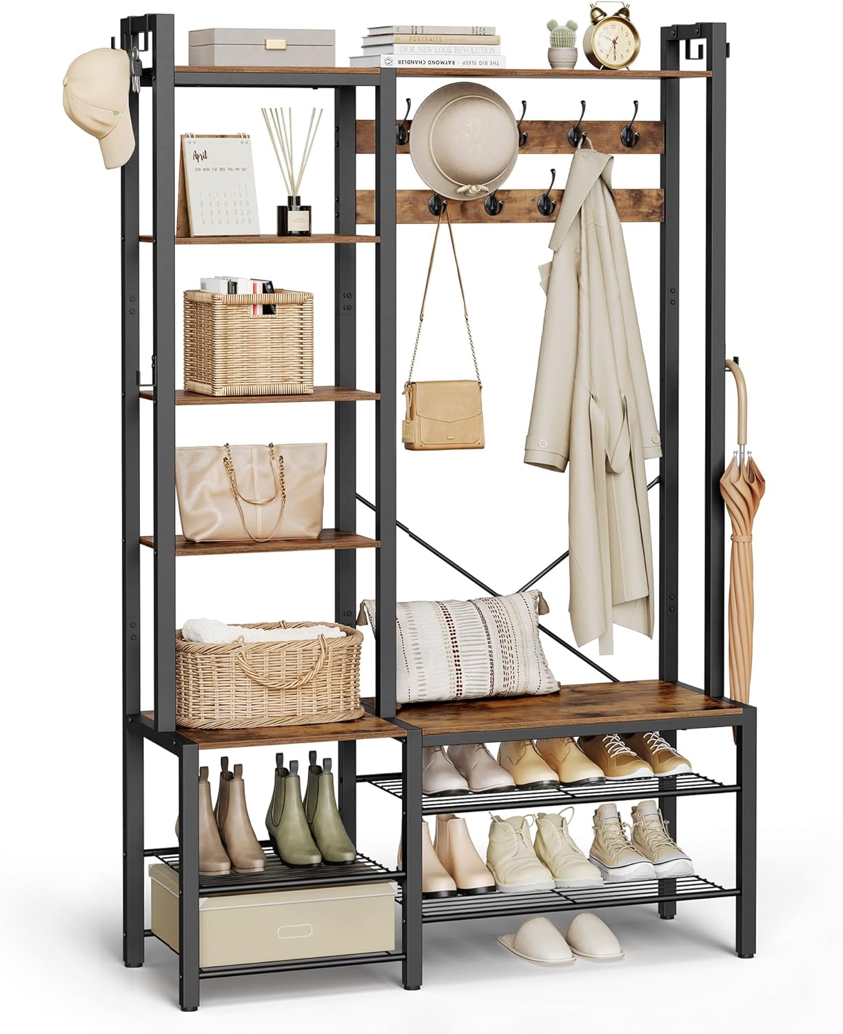 VASAGLE Garderobenständer mit Schuhbank, Garderobe, 5 Regalebenen aus Spanplatten, 9 Dreifach-Haken, 6 seitliche Haken, 40 x 120 x 190 cm, vintagebraun-tintenschwarz HSR426B01
