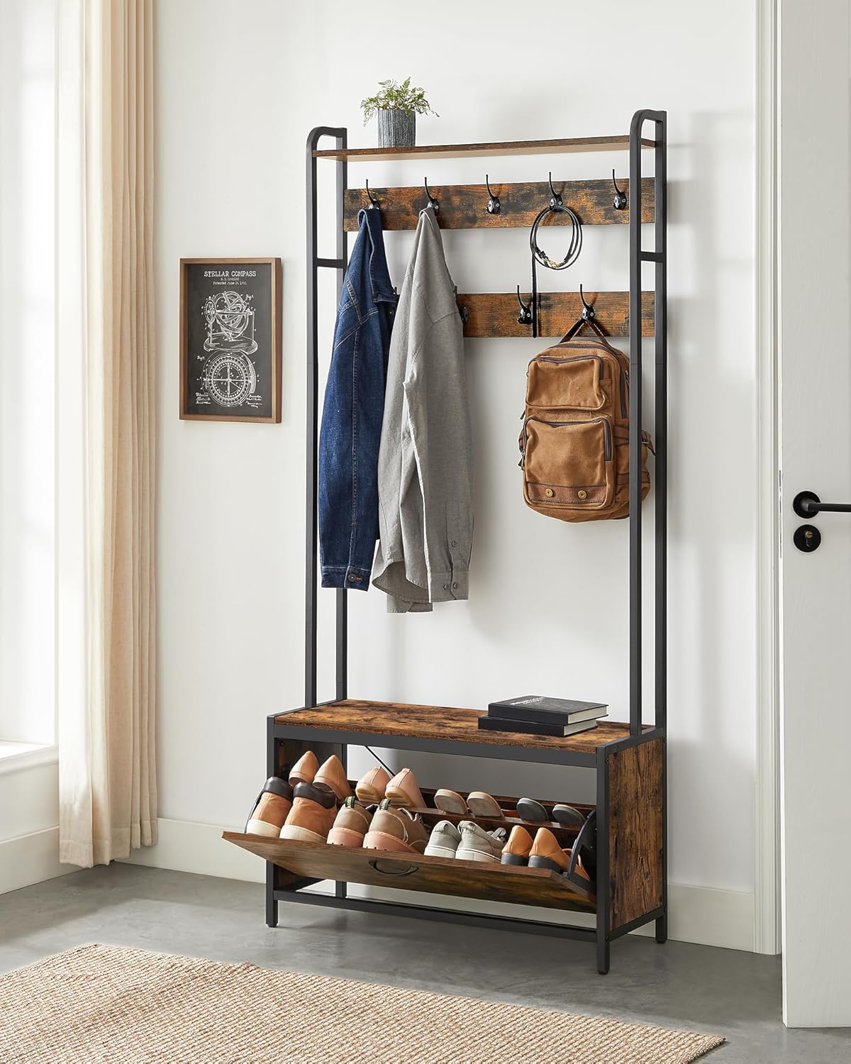 VASAGLE Garderobenständer mit Schuhschrank, Garderobe mit Sitzbank, Kleiderständer, Schuhkipper, 9 Haken, obere Ablage, für Flur, Schlafzimmer, Industrie-Design, vintagebraun-schwarz HSR405B01 — Ansicht 2