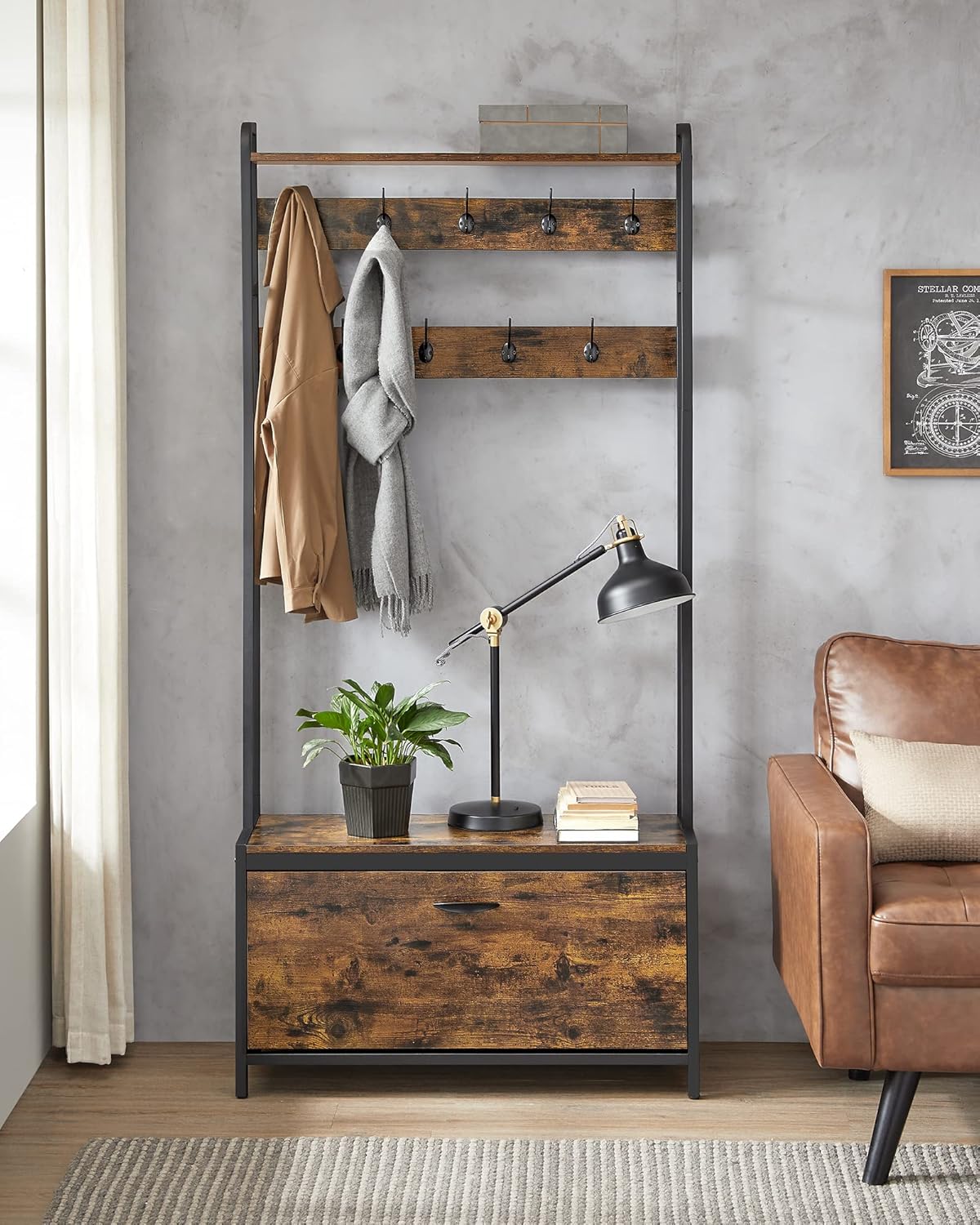 VASAGLE Garderobenständer mit Schuhschrank, Garderobe mit Sitzbank, Kleiderständer, Schuhkipper, 9 Haken, obere Ablage, für Flur, Schlafzimmer, Industrie-Design, vintagebraun-schwarz HSR405B01 — Ansicht 3