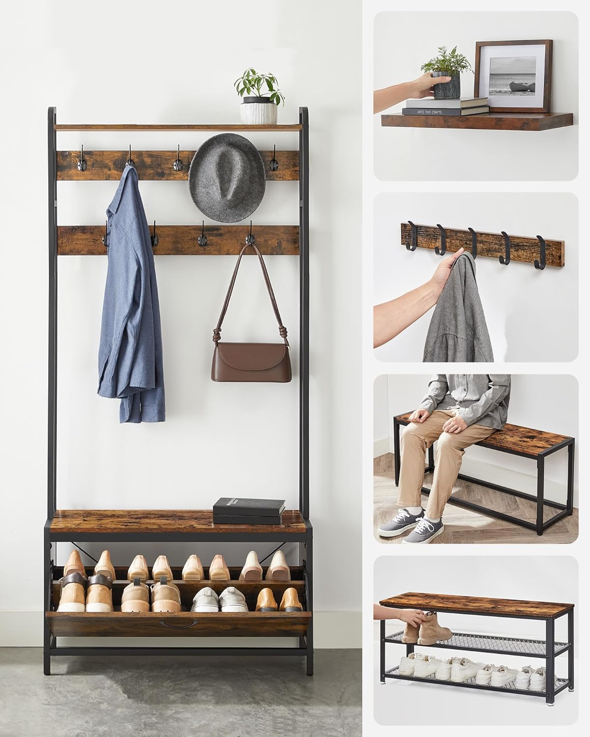 VASAGLE Garderobenständer mit Schuhschrank, Garderobe mit Sitzbank, Kleiderständer, Schuhkipper, 9 Haken, obere Ablage, für Flur, Schlafzimmer, Industrie-Design, vintagebraun-schwarz HSR405B01 — Ansicht 4