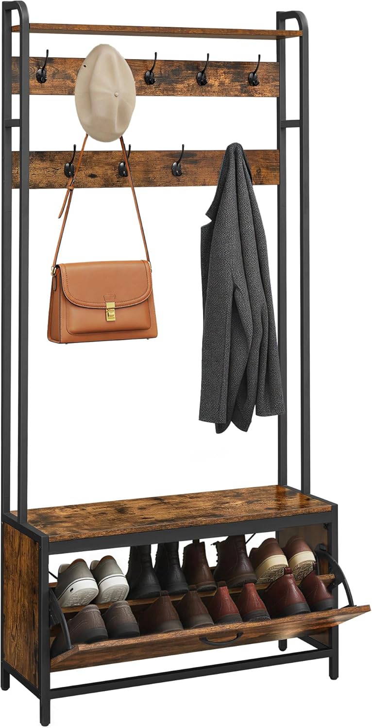 VASAGLE Garderobenständer mit Schuhschrank, Garderobe mit Sitzbank, Kleiderständer, Schuhkipper, 9 Haken, obere Ablage, für Flur, Schlafzimmer, Industrie-Design, vintagebraun-schwarz HSR405B01