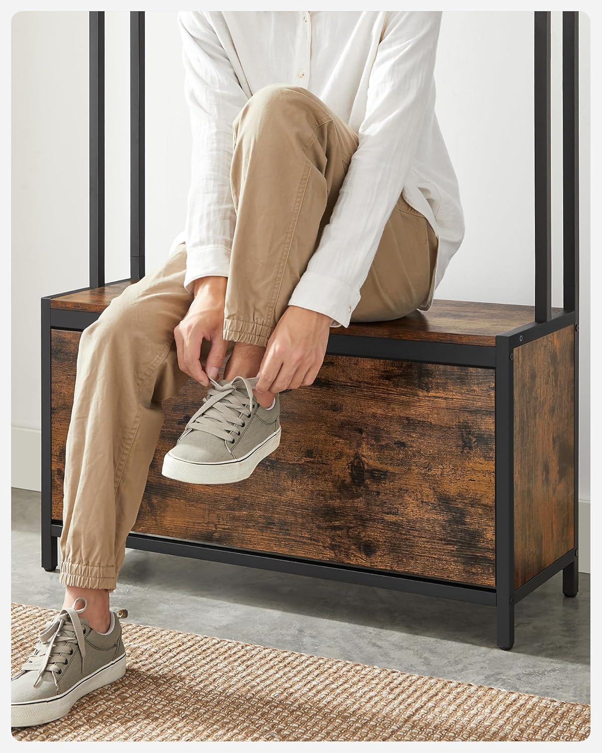 VASAGLE Garderobenständer mit Schuhschrank, Garderobe mit Sitzbank, Kleiderständer, Schuhkipper, 9 Haken, obere Ablage, für Flur, Schlafzimmer, Industrie-Design, vintagebraun-schwarz HSR405B01 — Ansicht 5