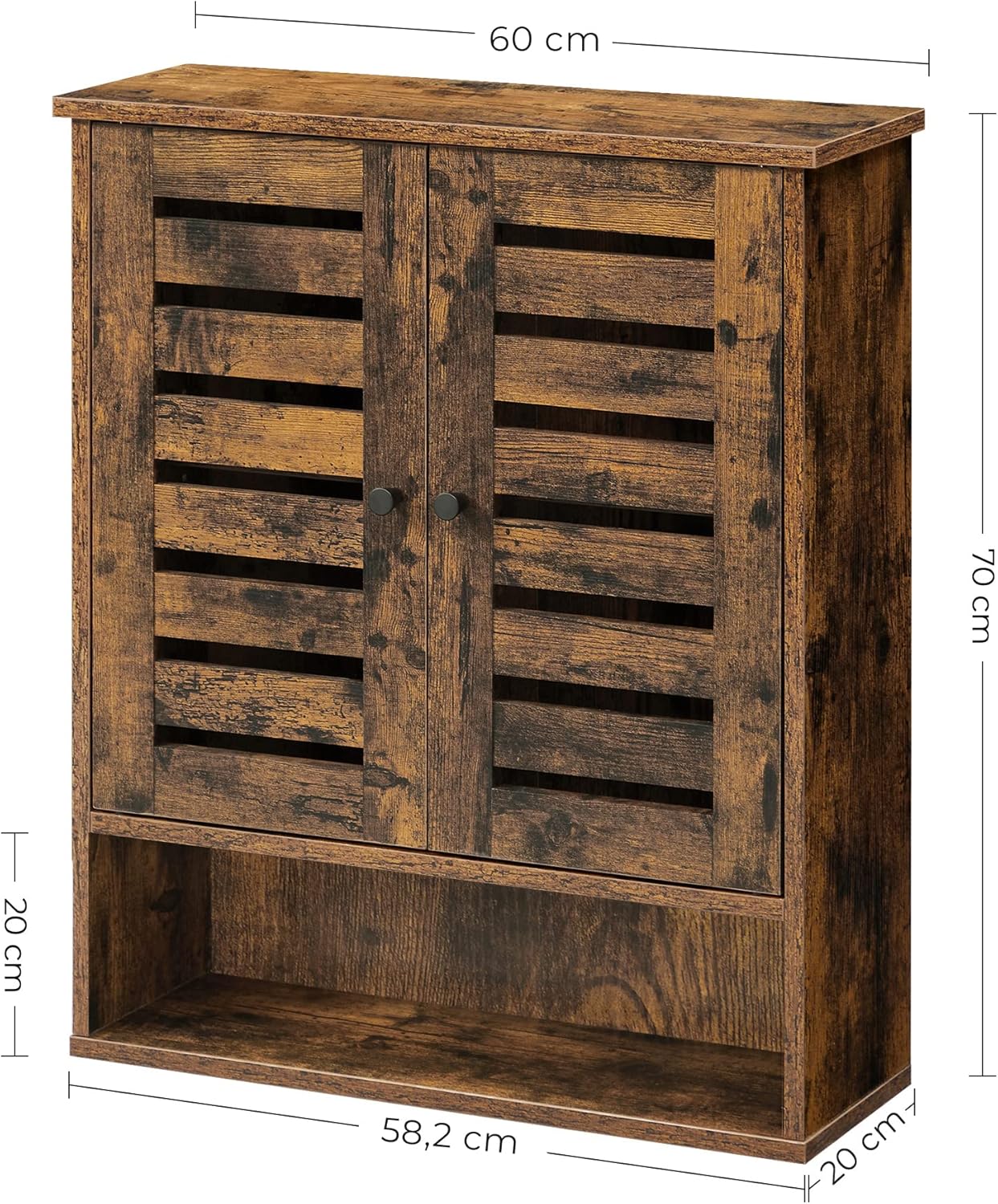 VASAGLE Hängeschrank, Badezimmerschrank, Wandschrank, offenes Fach, höhenverstellbarer Einlegeboden, 2 Türe, 60 x 20 x 70 cm, vintagebraun BBK121X01 — Ansicht 2
