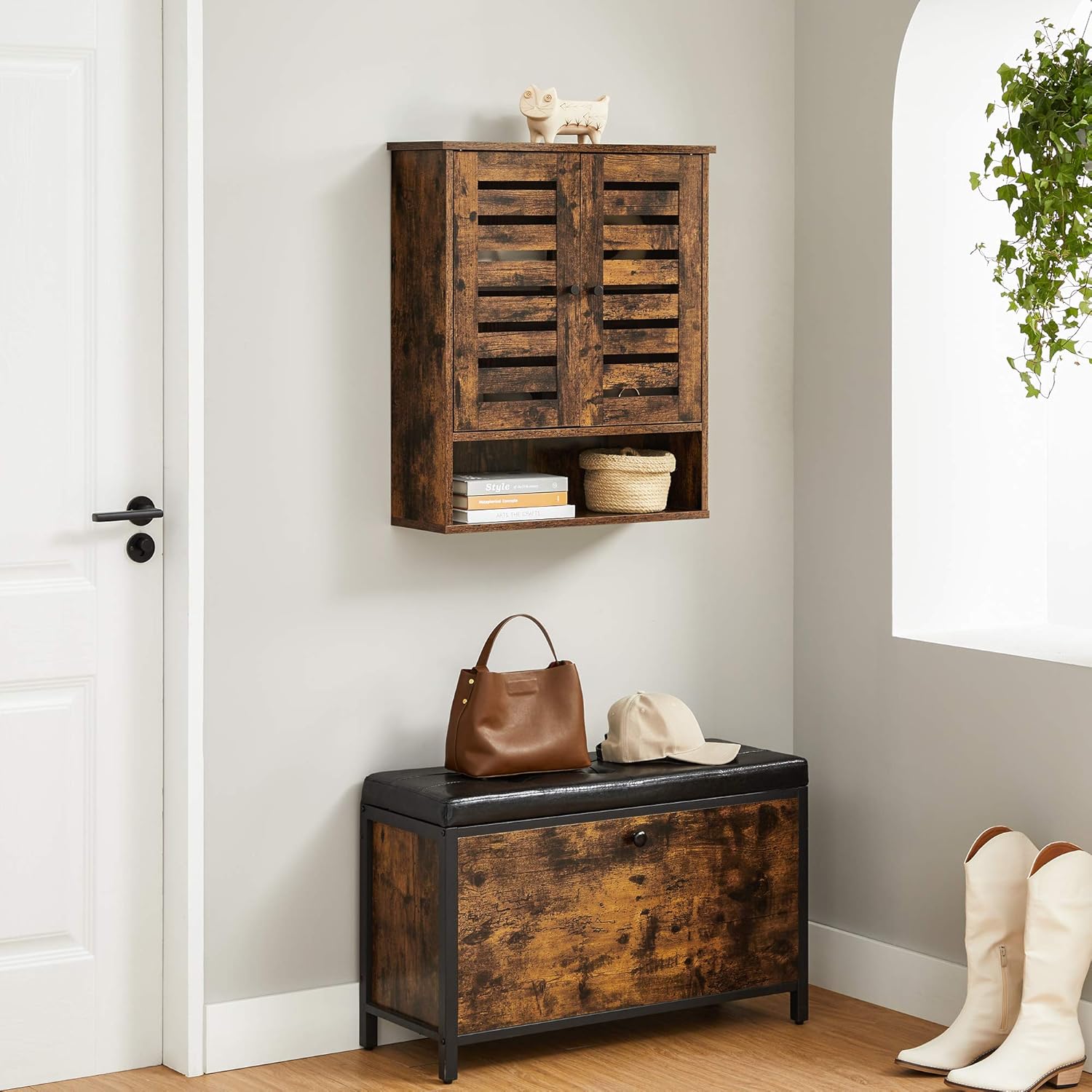 VASAGLE Hängeschrank, Badezimmerschrank, Wandschrank, offenes Fach, höhenverstellbarer Einlegeboden, 2 Türe, 60 x 20 x 70 cm, vintagebraun BBK121X01 — Ansicht 3