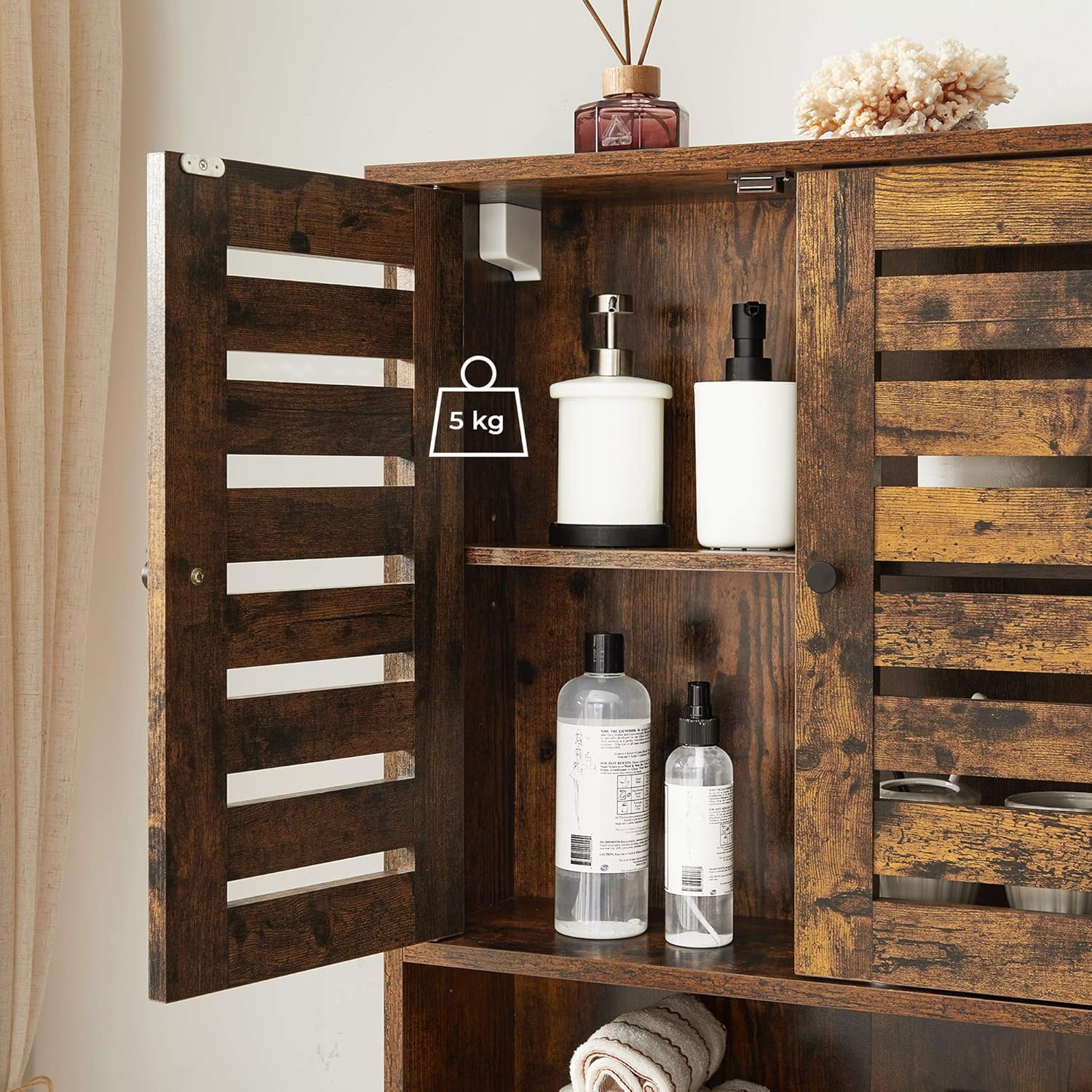 VASAGLE Hängeschrank, Badezimmerschrank, Wandschrank, offenes Fach, höhenverstellbarer Einlegeboden, 2 Türe, 60 x 20 x 70 cm, vintagebraun BBK121X01 — Ansicht 5