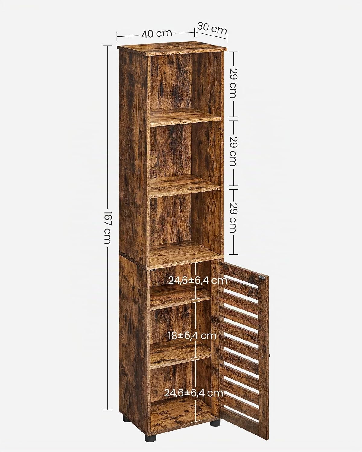 VASAGLE Hochschrank fürs Badezimmer, hoher Badezimmerschrank, Badregal stehend, mit 3 offenen Fächern und 2 verstellbaren Einlegeböden, Wohnzimmer, Eingangsbereich, vintagebraun BBK160X01 — Ansicht 3