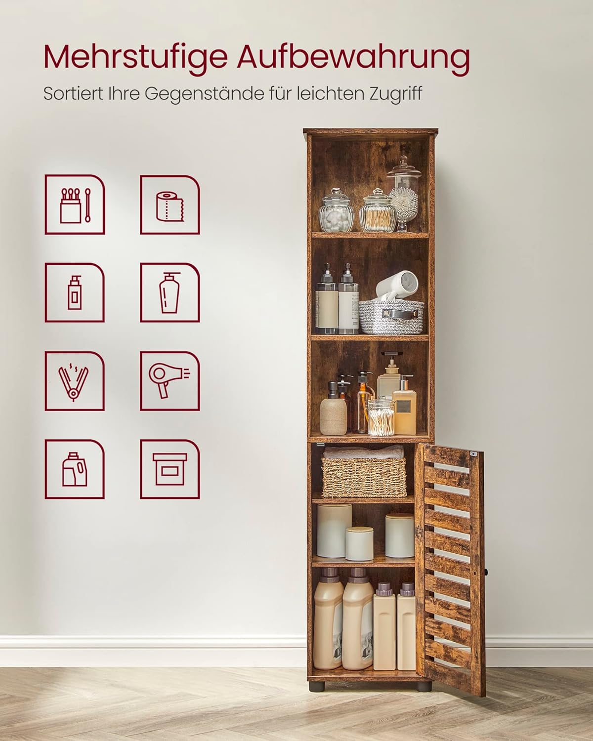 VASAGLE Hochschrank fürs Badezimmer, hoher Badezimmerschrank, Badregal stehend, mit 3 offenen Fächern und 2 verstellbaren Einlegeböden, Wohnzimmer, Eingangsbereich, vintagebraun BBK160X01 — Ansicht 4