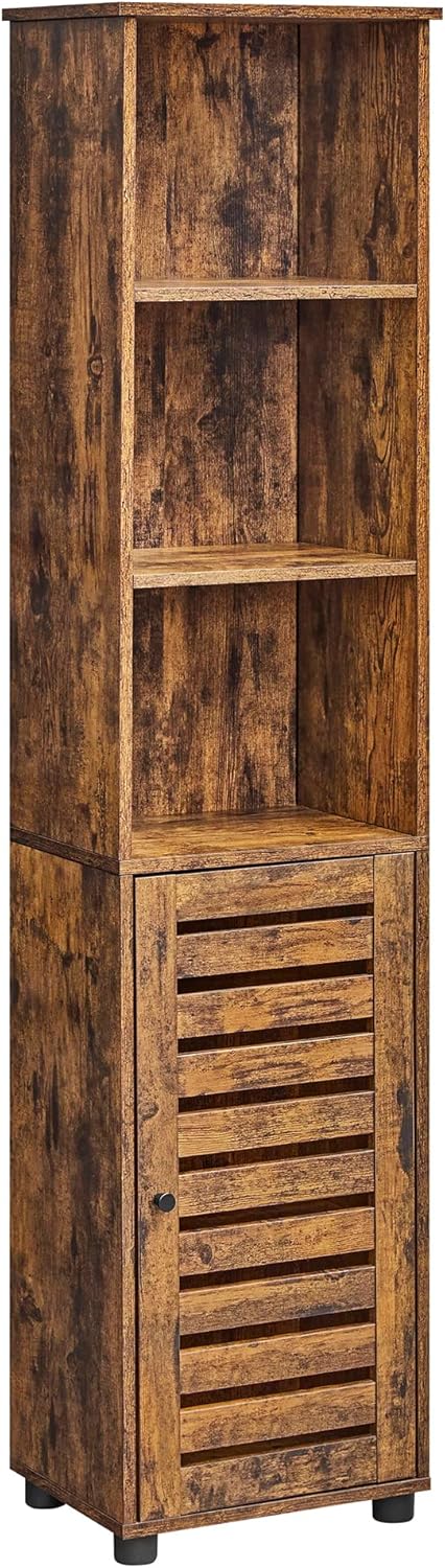 VASAGLE Hochschrank fürs Badezimmer, hoher Badezimmerschrank, Badregal stehend, mit 3 offenen Fächern und 2 verstellbaren Einlegeböden, Wohnzimmer, Eingangsbereich, vintagebraun BBK160X01