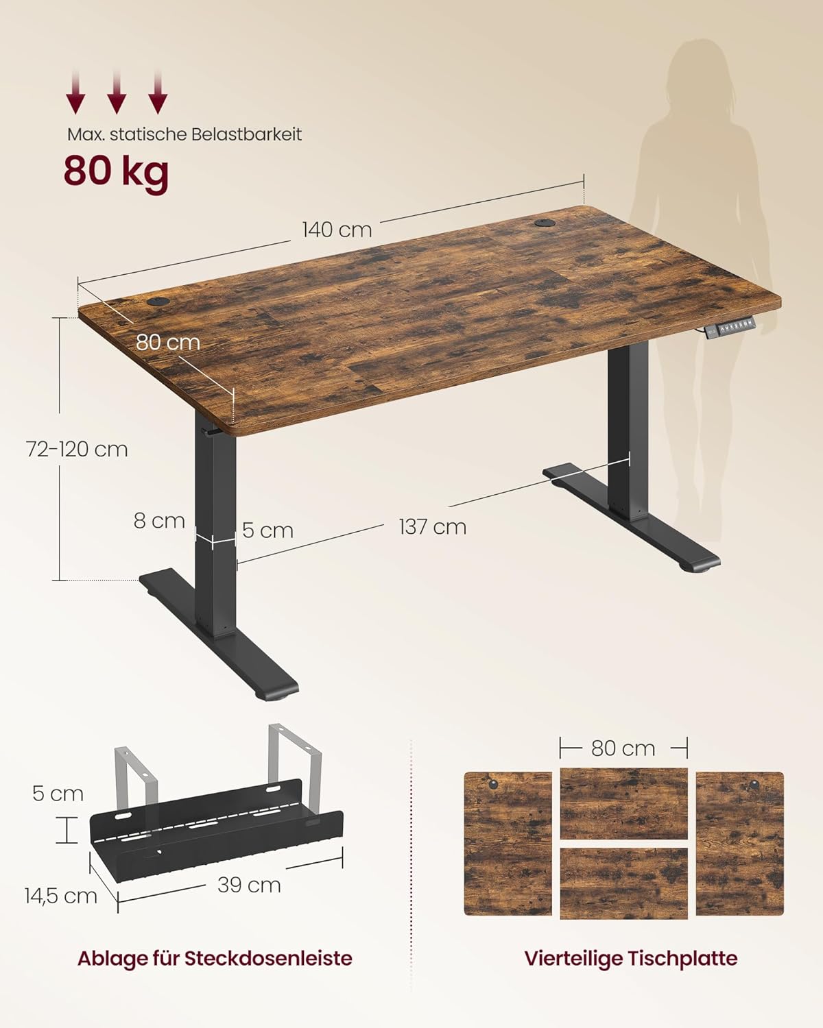 VASAGLE Höhenverstellbarer Schreibtisch, 140 x 80 cm, USB-C-Anschluss, Ablage für Steckdosenleiste, Stehtisch, Erinnerung bei langem Sitzen, 3 Speichertasten, für Büro, vintagebraun LSD144KD02 — Ansicht 3