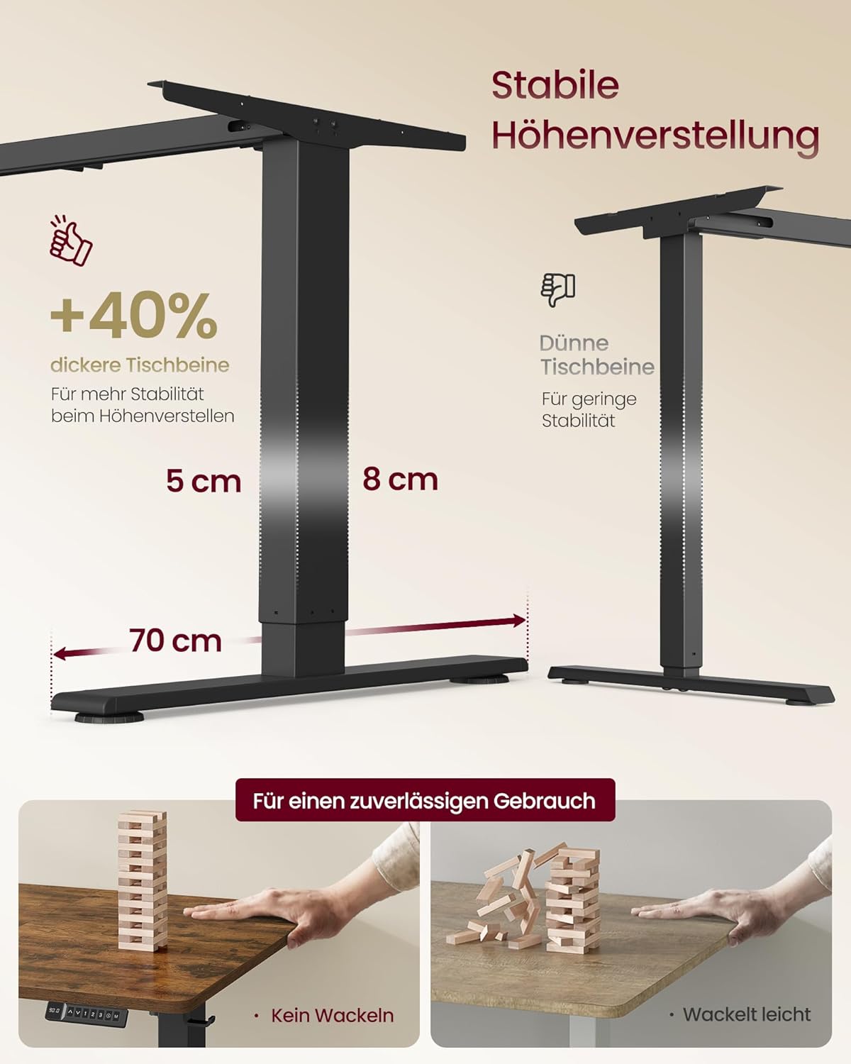 VASAGLE Höhenverstellbarer Schreibtisch, 140 x 80 cm, USB-C-Anschluss, Ablage für Steckdosenleiste, Stehtisch, Erinnerung bei langem Sitzen, 3 Speichertasten, für Büro, vintagebraun LSD144KD02 — Ansicht 5