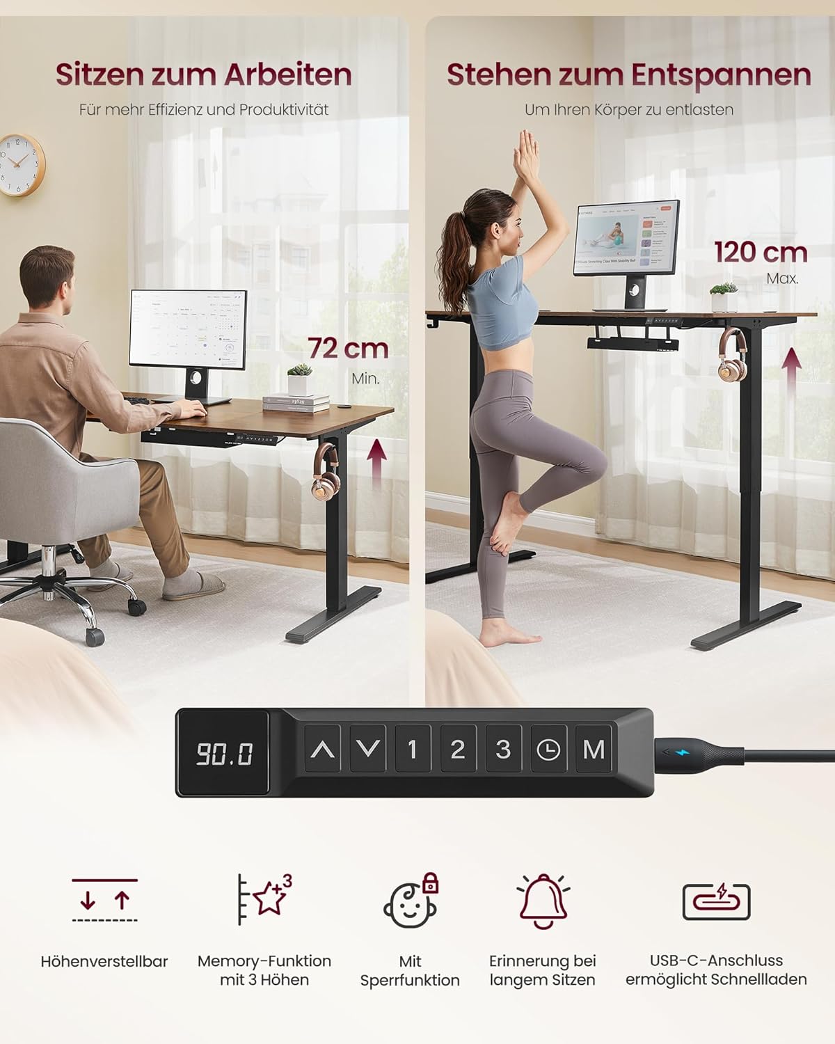 VASAGLE Höhenverstellbarer Schreibtisch, 140 x 80 cm, USB-C-Anschluss, Ablage für Steckdosenleiste, Stehtisch, Erinnerung bei langem Sitzen, 3 Speichertasten, für Büro, vintagebraun LSD144KD02 — Ansicht 6