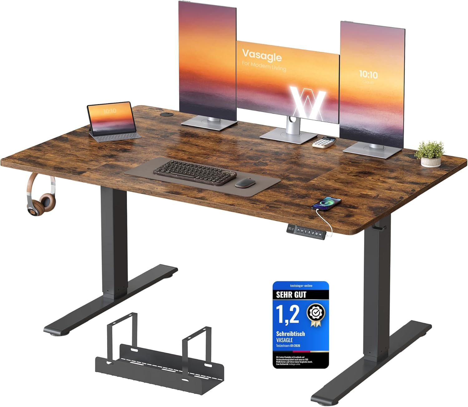 VASAGLE Höhenverstellbarer Schreibtisch, 140 x 80 cm, USB-C-Anschluss, Ablage für Steckdosenleiste, Stehtisch, Erinnerung bei langem Sitzen, 3 Speichertasten, für Büro, vintagebraun LSD144KD02