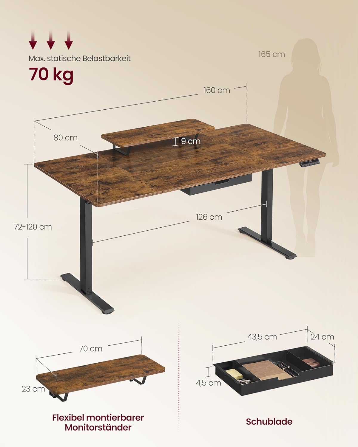 VASAGLE Höhenverstellbarer Schreibtisch, 160 x 80 cm, flexibel montierbarer Monitorständer, Schublade, USB-C-Anschluss, Erinnerung bei langem Sitzen, für Büro, vintagebraun LSD156KD01 — Ansicht 3