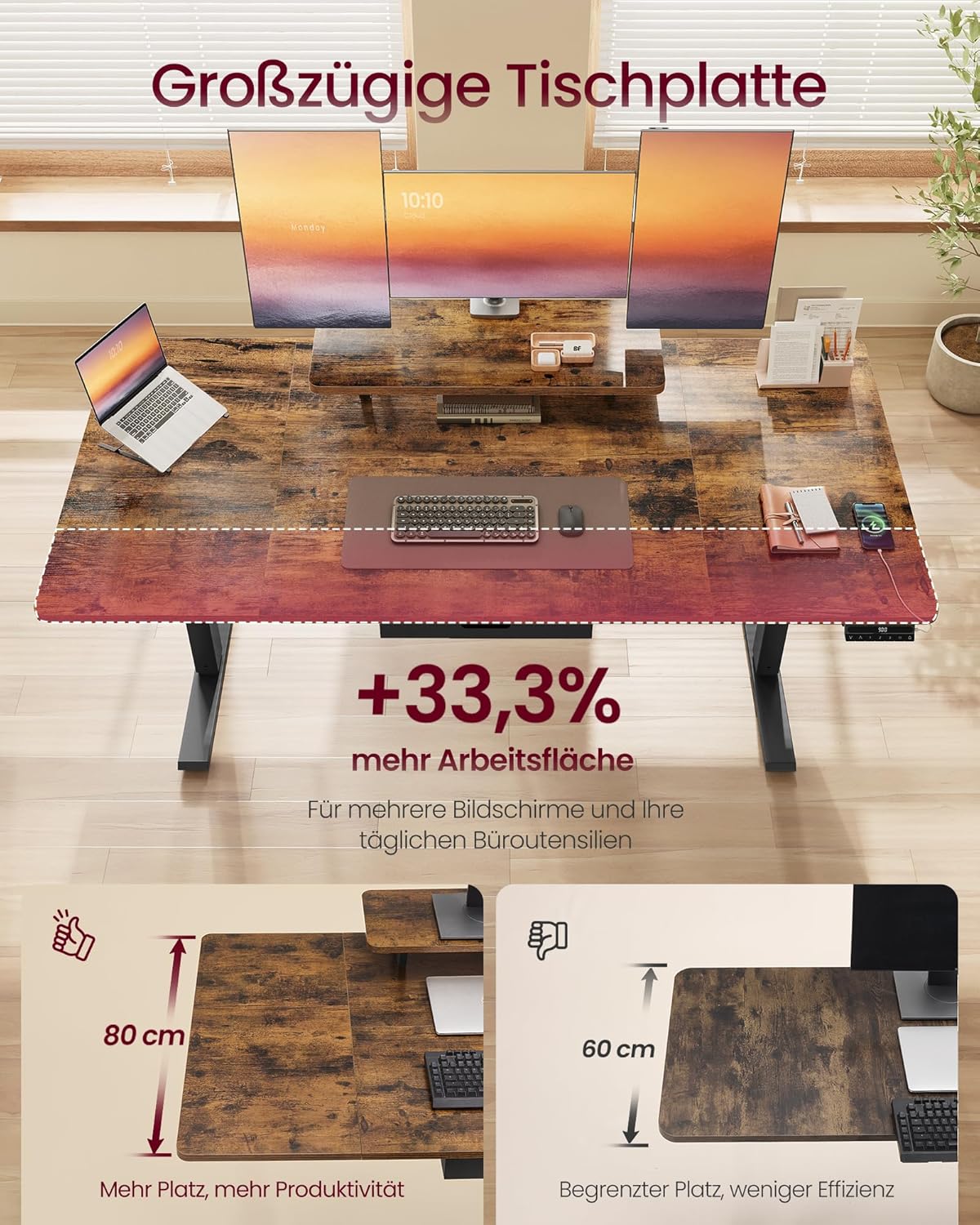 VASAGLE Höhenverstellbarer Schreibtisch, 160 x 80 cm, flexibel montierbarer Monitorständer, Schublade, USB-C-Anschluss, Erinnerung bei langem Sitzen, für Büro, vintagebraun LSD156KD01 — Ansicht 4