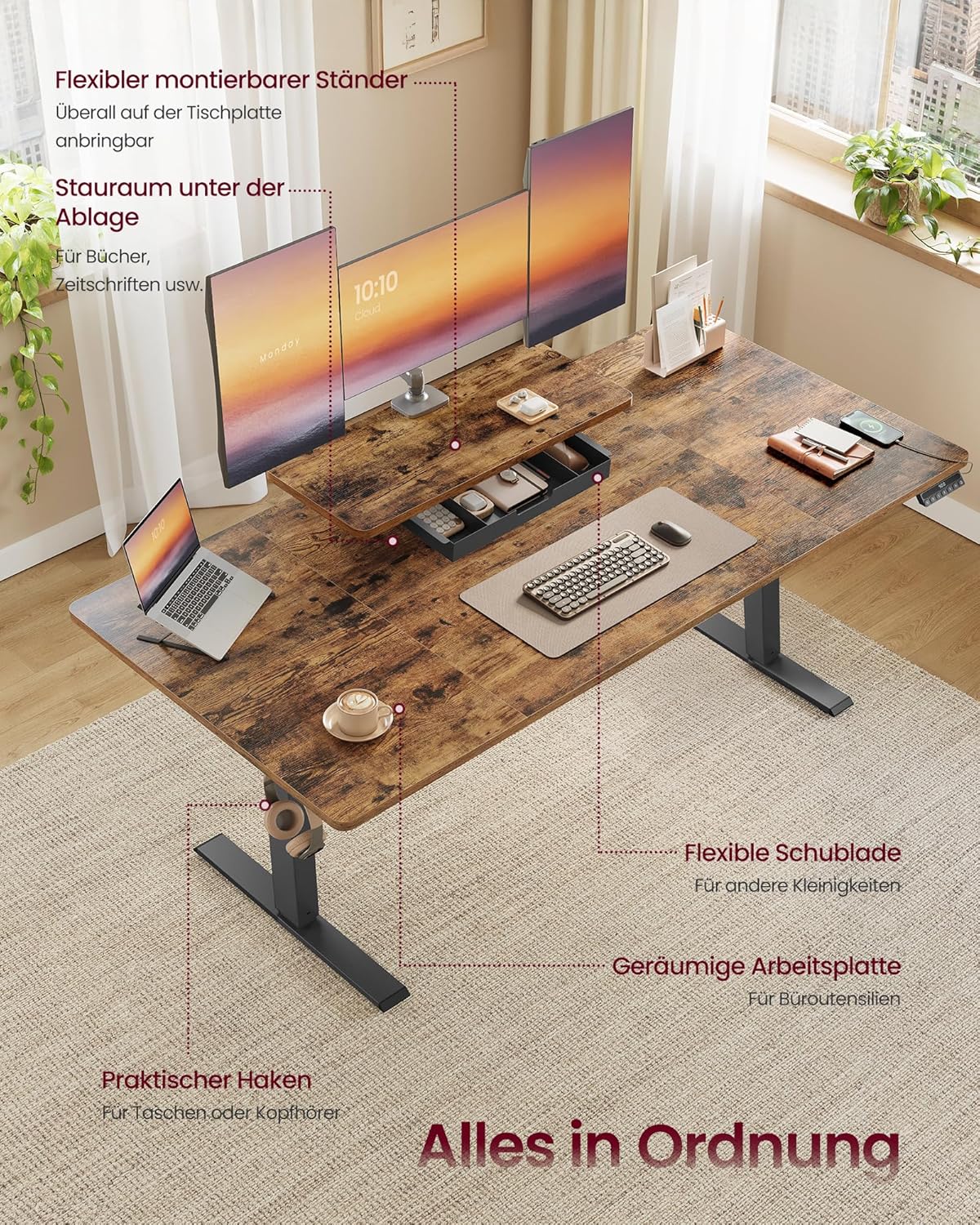 VASAGLE Höhenverstellbarer Schreibtisch, 160 x 80 cm, flexibel montierbarer Monitorständer, Schublade, USB-C-Anschluss, Erinnerung bei langem Sitzen, für Büro, vintagebraun LSD156KD01 — Ansicht 5