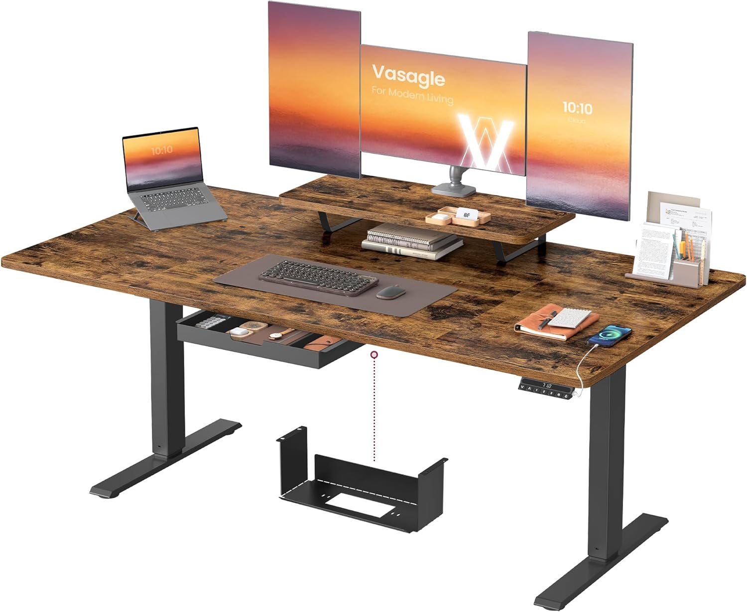 VASAGLE Höhenverstellbarer Schreibtisch, 160 x 80 cm, flexibel montierbarer Monitorständer, Schublade, USB-C-Anschluss, Erinnerung bei langem Sitzen, für Büro, vintagebraun LSD156KD01