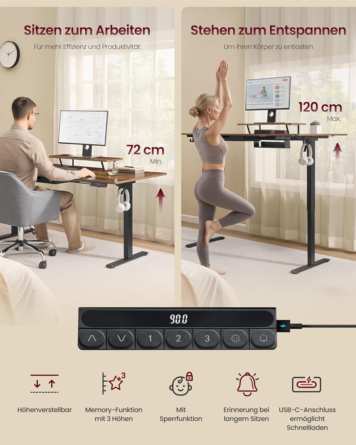 VASAGLE Höhenverstellbarer Schreibtisch, 160 x 80 cm, flexibel montierbarer Monitorständer, Schublade, USB-C-Anschluss, Erinnerung bei langem Sitzen, für Büro, vintagebraun LSD156KD01 — Ansicht 6