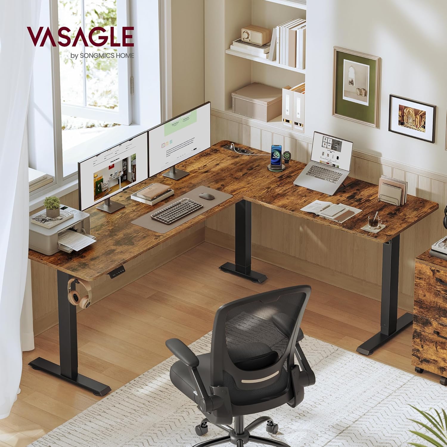 VASAGLE Höhenverstellbarer Schreibtisch, 190 x 155 cm, L-förmig | L-förmiger Eckschreibtisch, Stehtisch, 2 AC-Steckdosen, 2 USB-A-Anschlüsse, LSD295KD01 — Ansicht 2